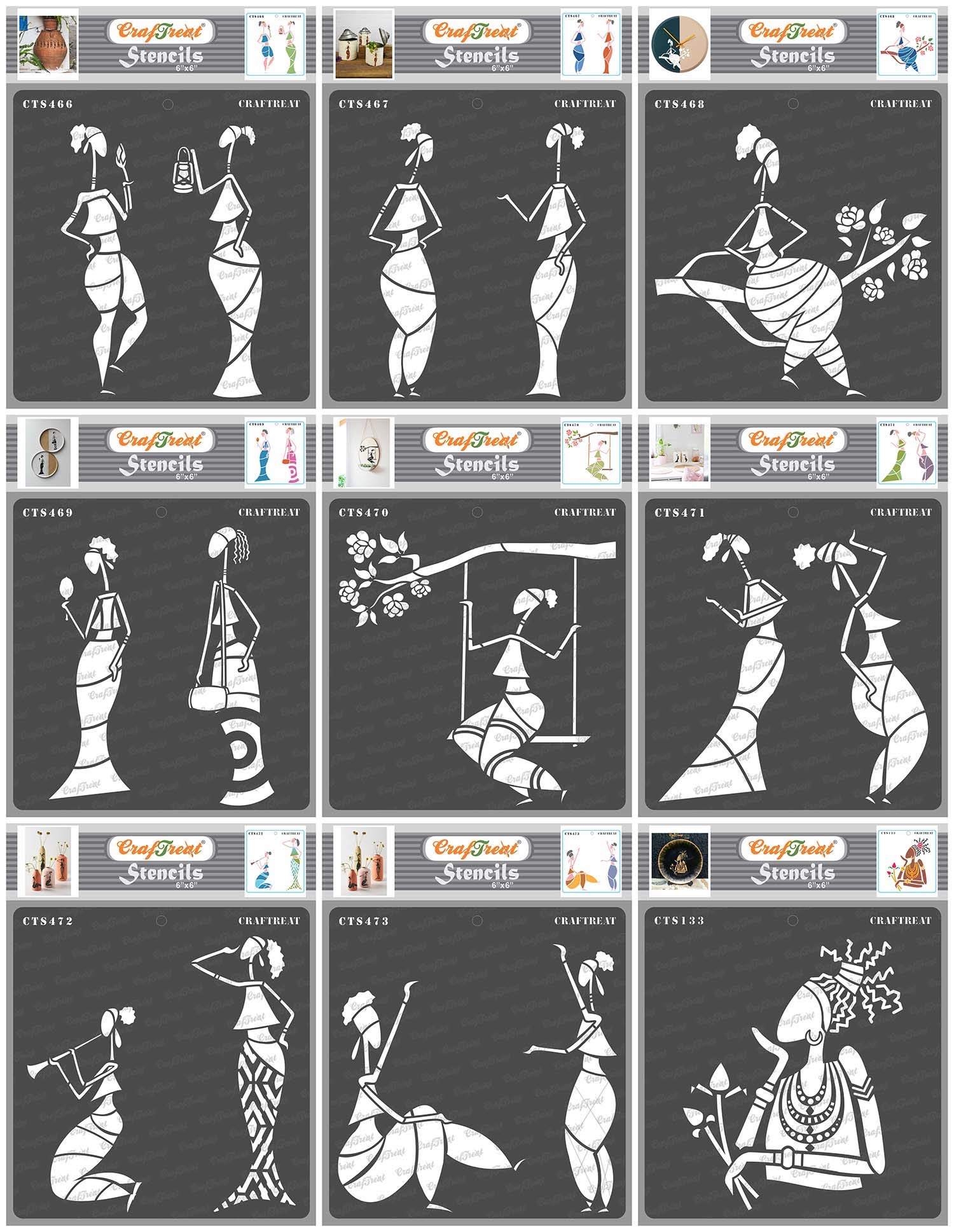 CrafTreat Pochoirs réutilisables pour la peinture – Lot de 9 motifs folkloriques pour femmes – 15,2 x 15,2 cm – Pochoirs d'art et d'artisanat pour la décoration de la maison