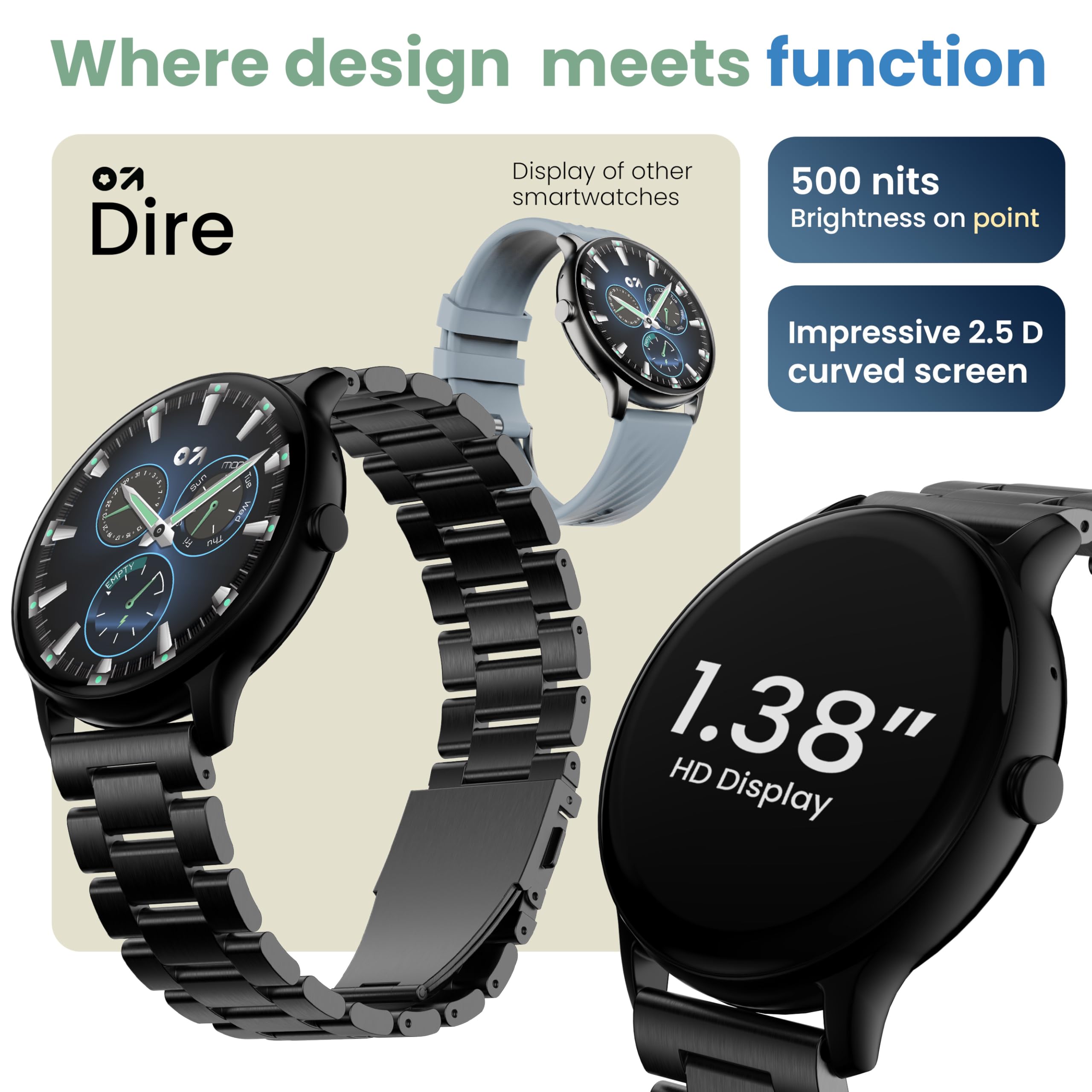 Boult Dire Smartwatch: zakrzywiony wyświetlacz HD 1,38 cala 2,5D, połączenia BT, jasność 500 nitów, IP67, ponad 250 tarcz zegarków, ponad 120 trybów sportowych, asystent głosowy AI, monitorowanie SpO2