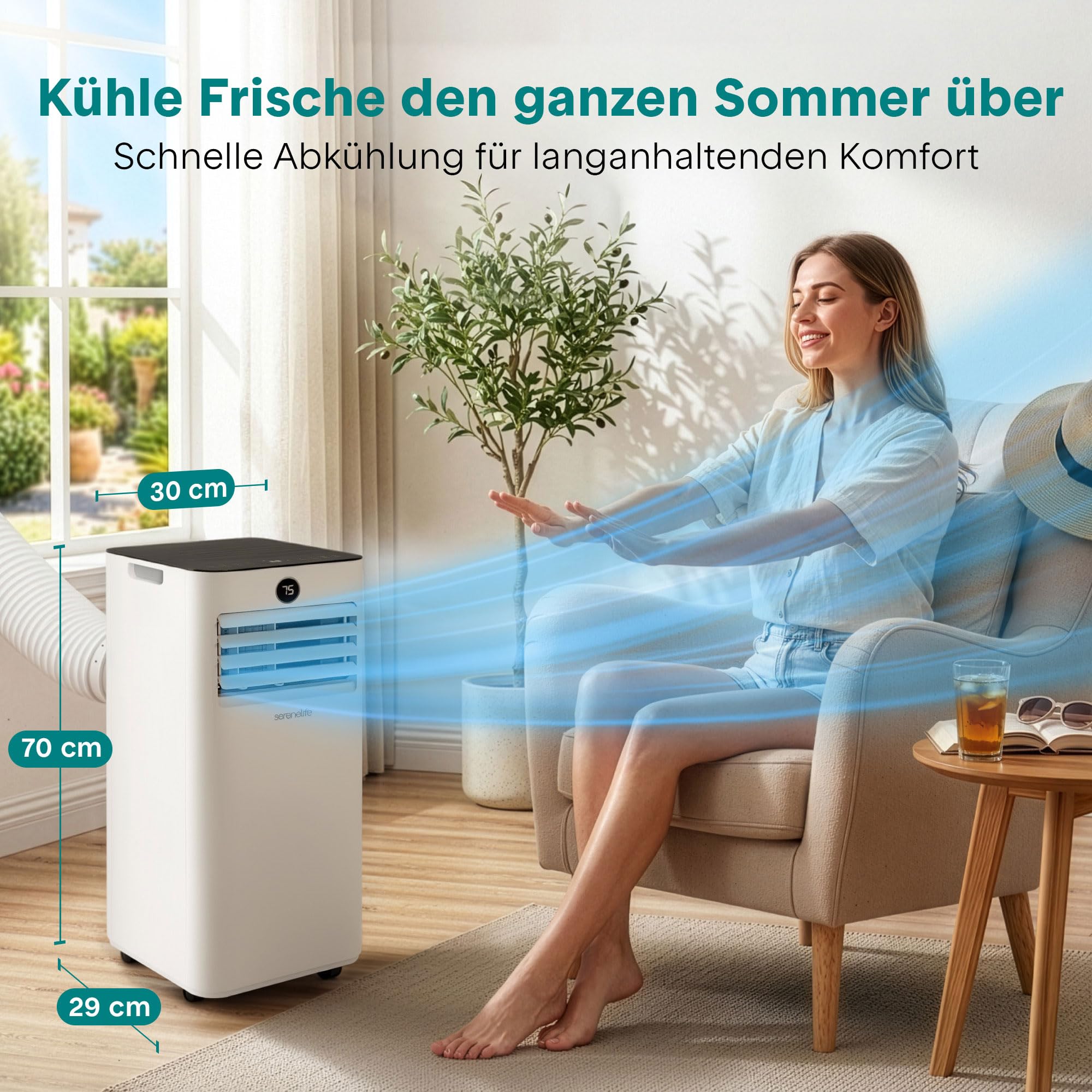 SereneLife Mobiles Klimagerät 9000 BTU 2,64 kW für 31 m² – Air Conditioner mit Abluftschlauch, 3-in-1 Entfeuchter & Ventilator, Leise 55 dB, Fensterkit, Fernbedienung, Für Zuhause, Büro