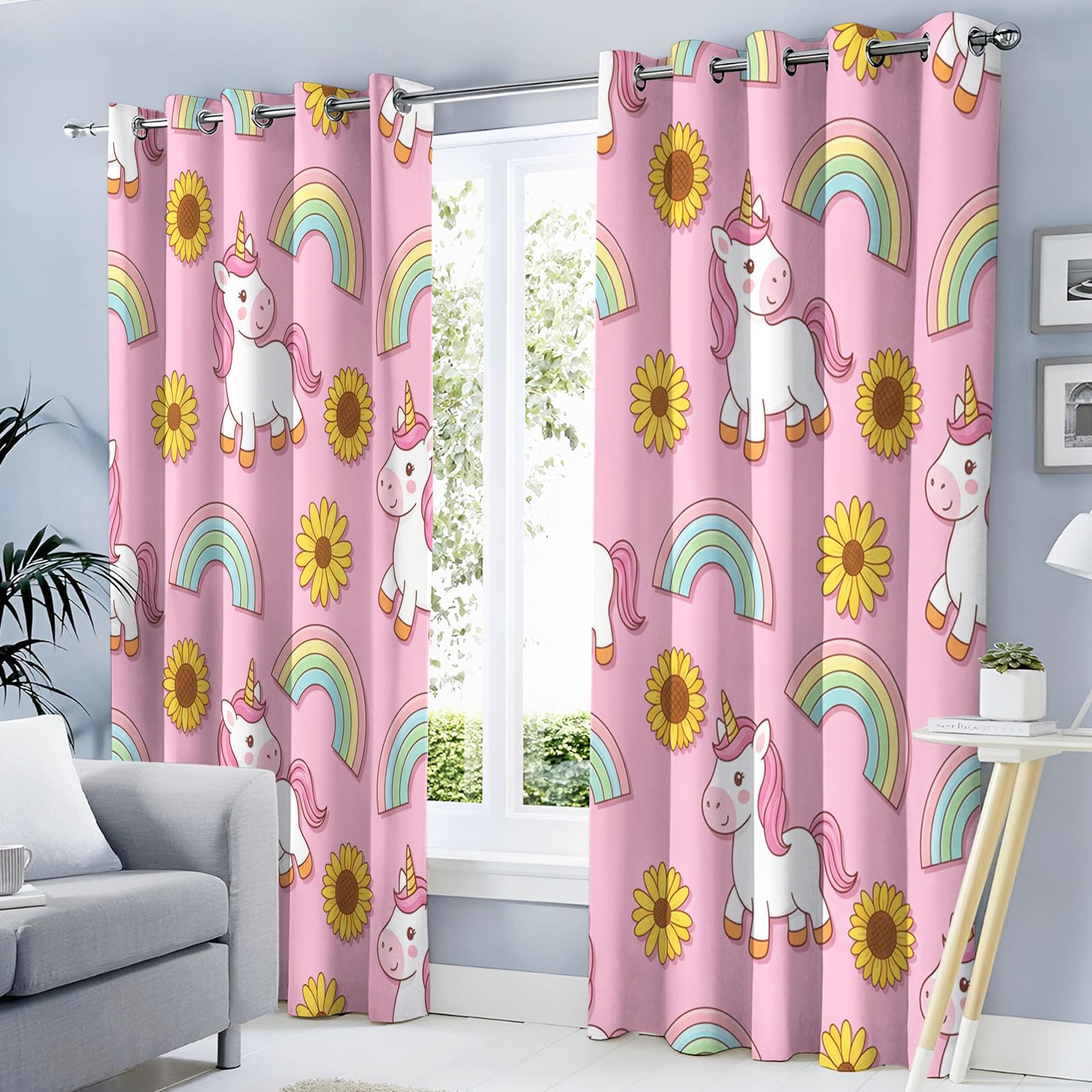 Rideaux Occultants Salon, Arc-en-Ciel Mignon Licorne Enfants Panneaux De Rideaux Intérieurs, Draperies Rose, Animaux Intéressants Fleurs Chambre Décoration Confidentialité Tentures 110X215 Cm X2