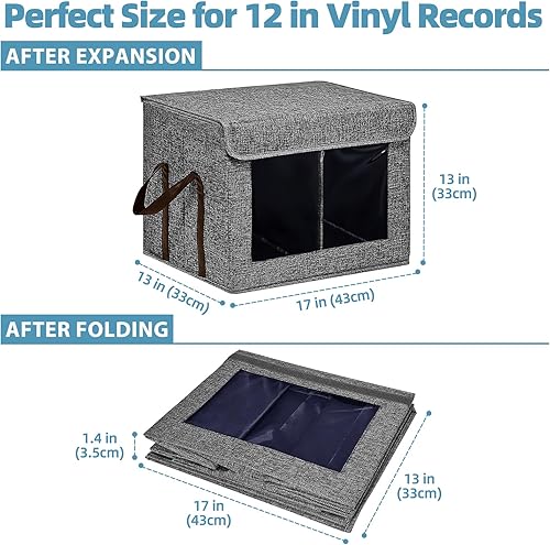 Miniatura 6 de Caja organizadora grande de discos de vinilo de 12 pulgadas, 100 discos de vinilo, elegante soporte apilable de tela con tapa y asa, gris, 1 paquete