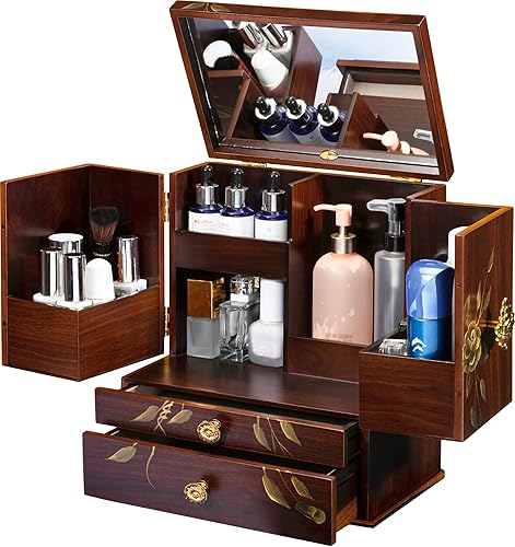 Miniatura 6 de Xloverise organizadores de maquillaje, Pintar a mano de madera maciza organizadores de cuidado de la piel, organizador de cosméticos con 2 cajones