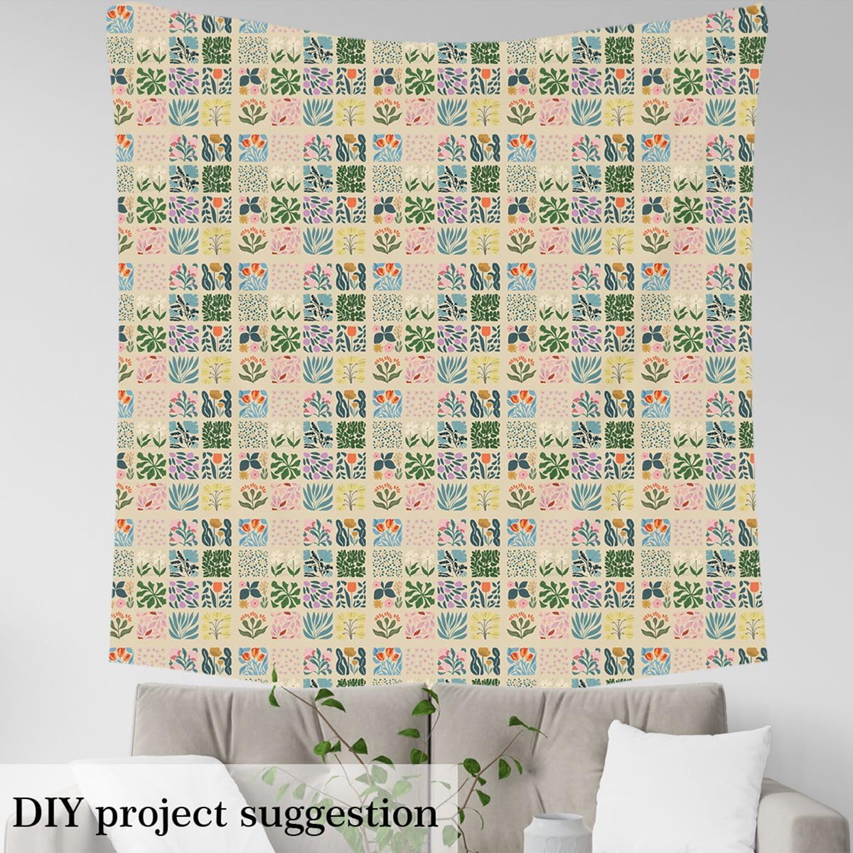 Colorful Abstract Floral Soft Polyester,Geometric Patchwork Washable Material for Handmade Supplies No Stretch Retro Aesthetic Craft Fabric 1 Yard Pre-Cut,36" L x 59" W Green Yellow image 4