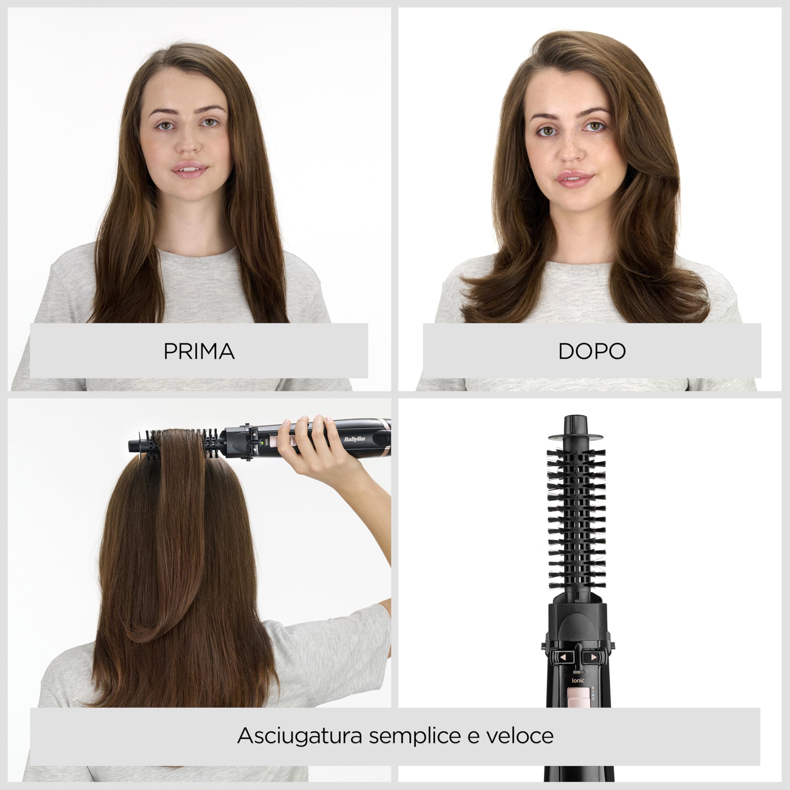 BaByliss Spazzola rotante ad aria calda, 4 accessori intercambiabili per asciugare, modellare, lisciare e volumizzare, 2 temperature più aria fredda, 2 direzioni di rotazione, 1000 W AS200E