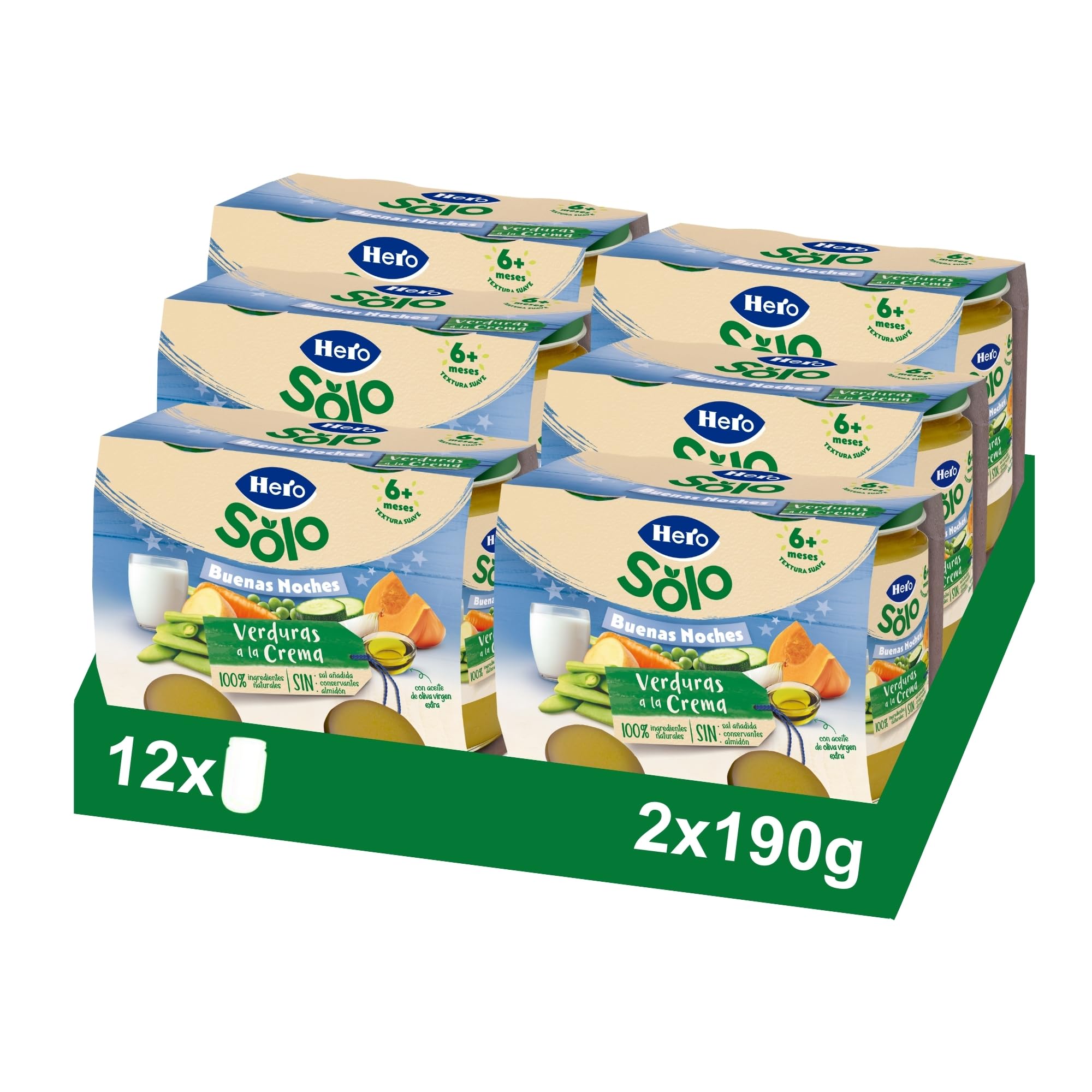 Hero Baby Buenas Noches Tarritos de Verduritas a la Crema, Sin Sal Añadida, 6 x 190 g