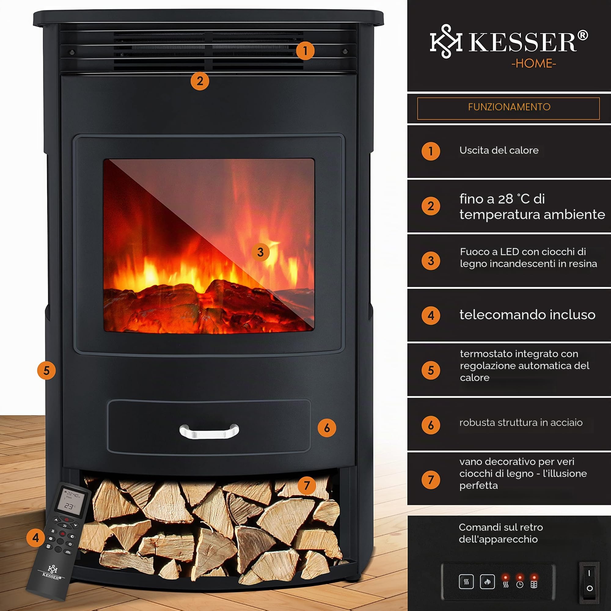 KESSER® Prio Camino Elettrico con Stufa, Termoventilatore, Telecomando, 950/1900 W, Caminetto Elettrico con Effetto Fiamma LED, Rilevamento Finestra Aperta, Fattura Robusta, Telecomando Incluso