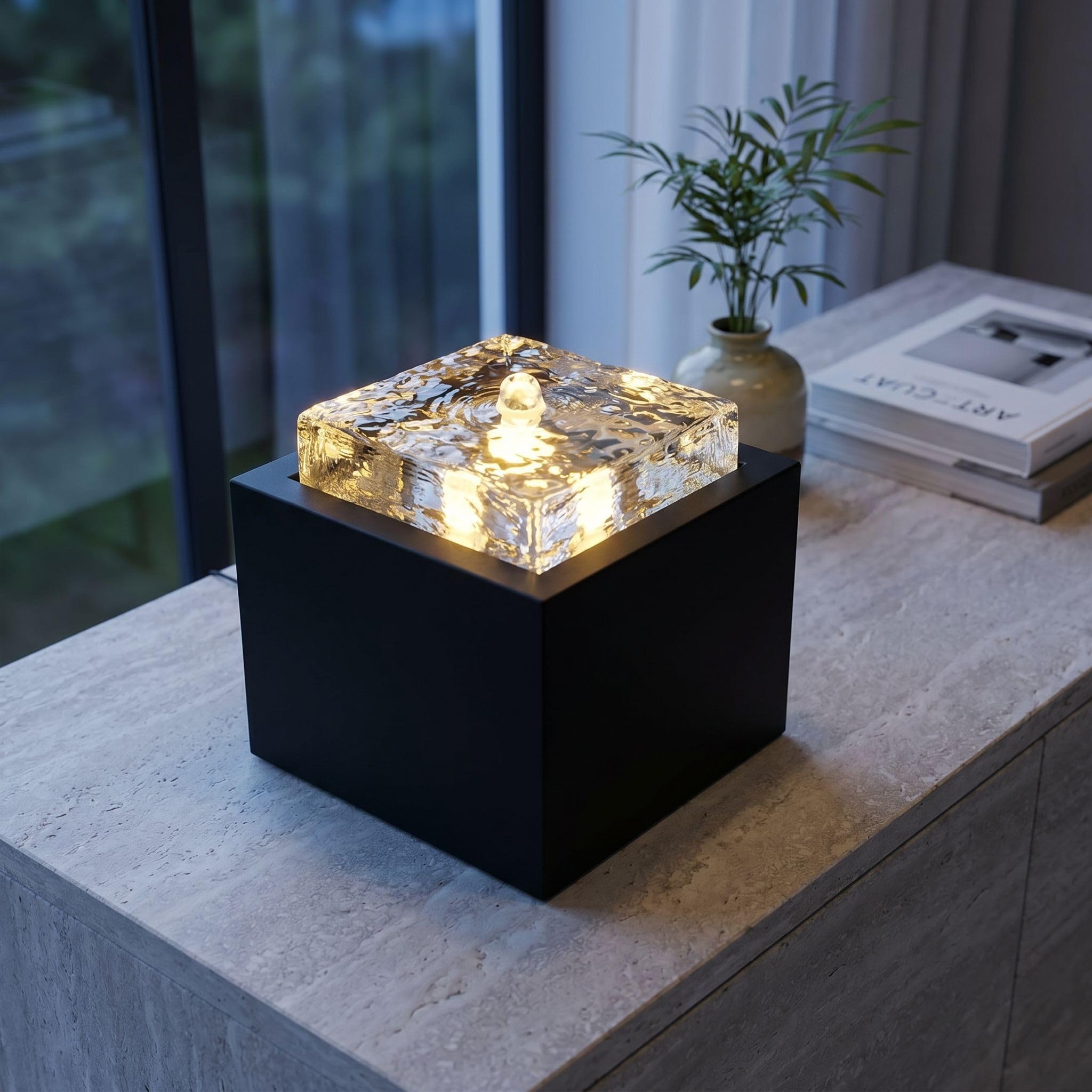 Design Zimmerbrunnen BK920 – LED Tischbrunnen modern, Springbrunnen mit Glasblock in Eisoptik, 3W, warmweißes Licht, Deko Wohnzimmer Büro, Metall Glas 19x19x20 cm