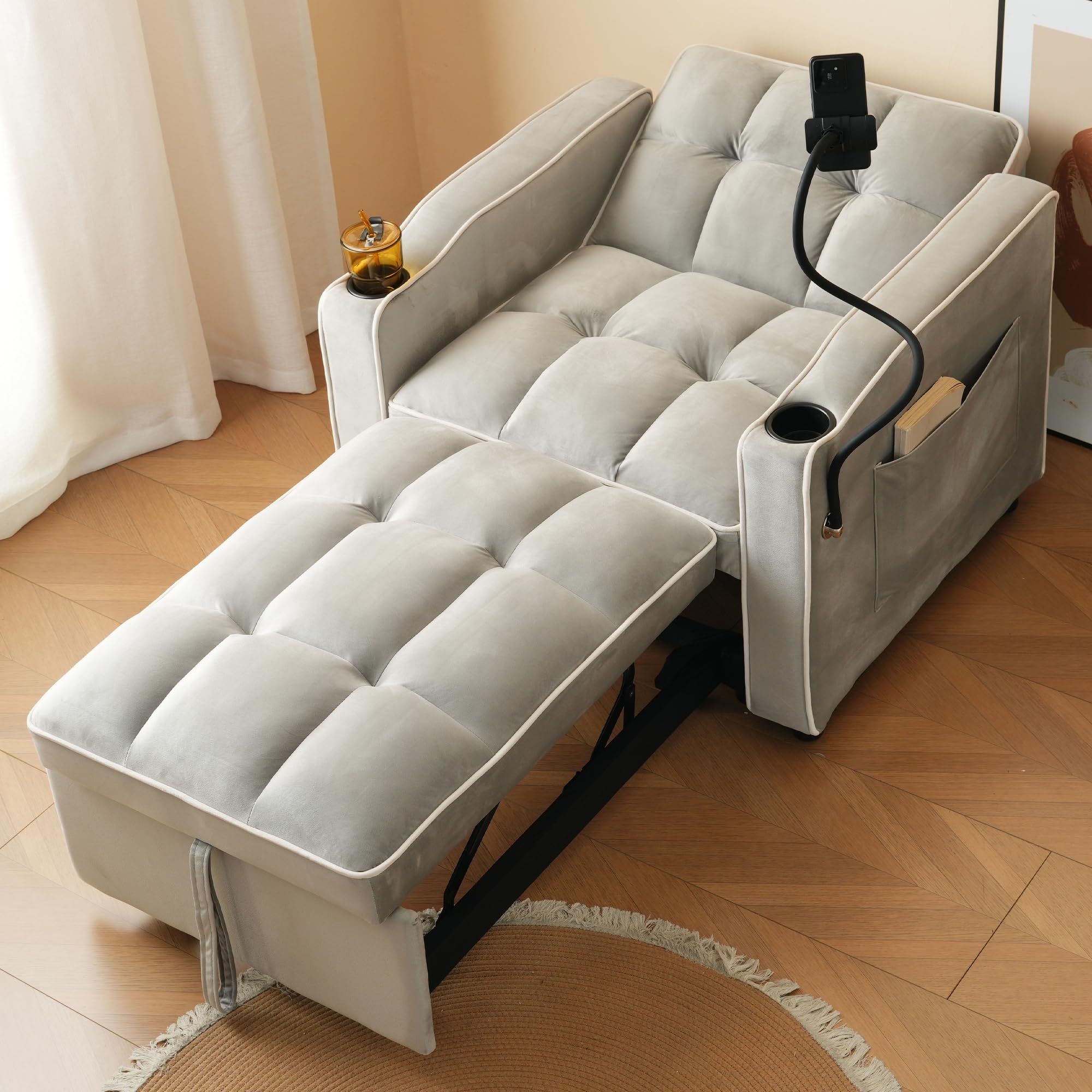 Sofá cama individual extraíble 3 en 1 – Con portavasos y soporte para celular, sofá-tumbona, silla cama, sillón, perfecto para espacios reducidos, 83*167*76 cm (Gris antiguo blanco)