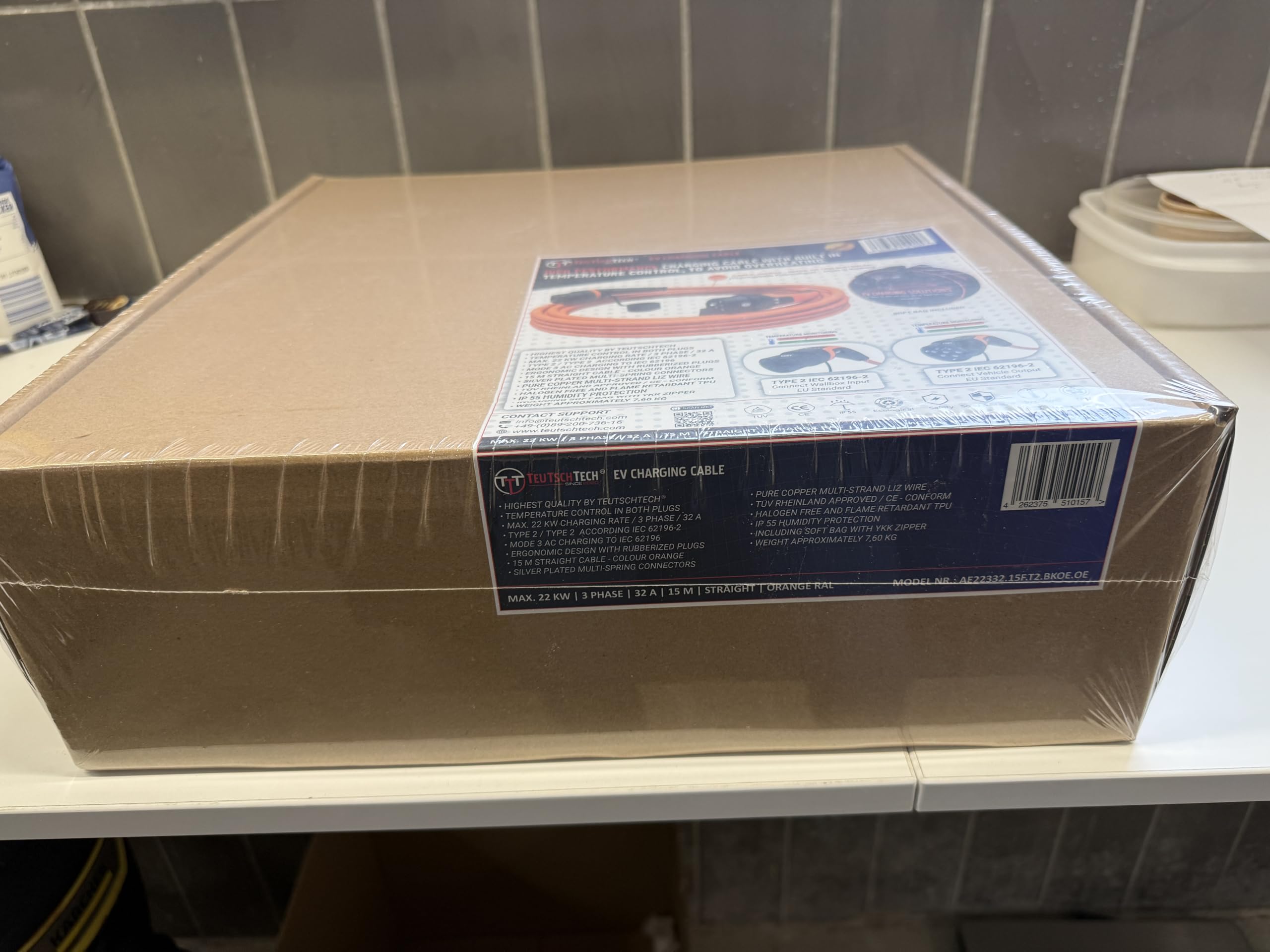 TEUTSCHTECH, cavo di ricarica tipo 2 per auto elettrica o PHEV | 22 kW | 3 fasi 32 A | Modalità 3 | 15 m | Tipo 2 a tipo 2 | Monitorato della temperatura | Ricarica sicura | Arancione
