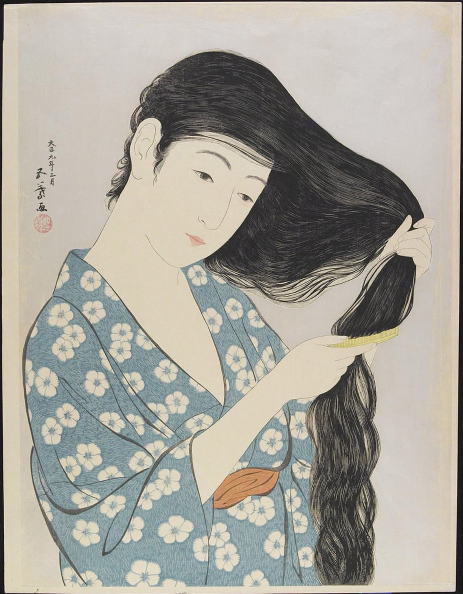 ARTXLXXBN Famous Painting Canvas Artwork Graffiti Print Woman Combing Her Hair March by Goyo Hashiguchi Portrait Canvas Image for Home Decor 60x90cm