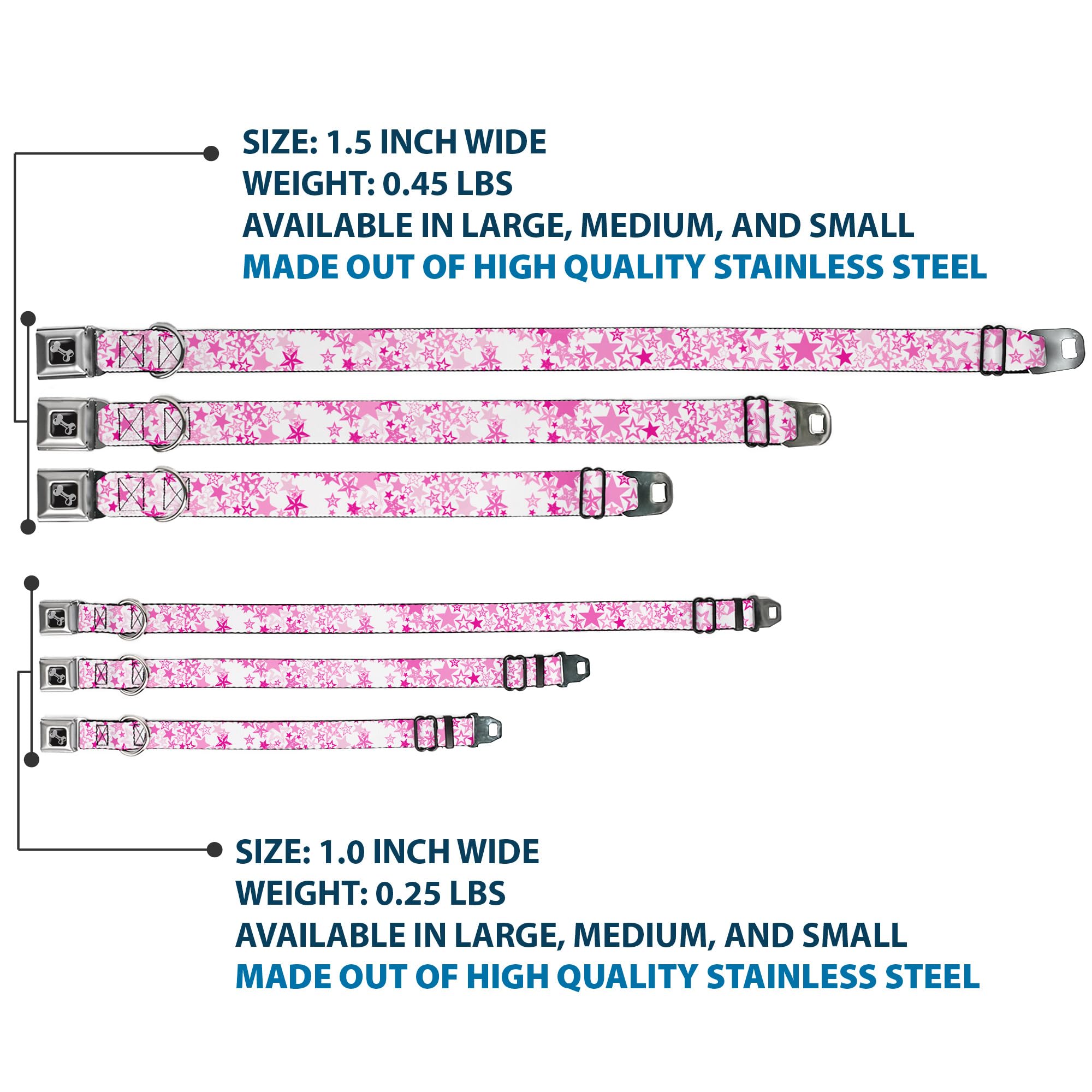 Buckle-Down Obroża dla psa z klamrą pasa bezpieczeństwa - Stargazer biały/różowy - szerokość 3,8 cm - pasuje na szyję 45-81 cm - duża