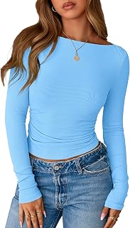 Womens Long Sleeve T Shirts Fall Clothes 2025 Ribbed Slim Fit Y2K Boat Neck Casual Going Out Tops Workout Outfits