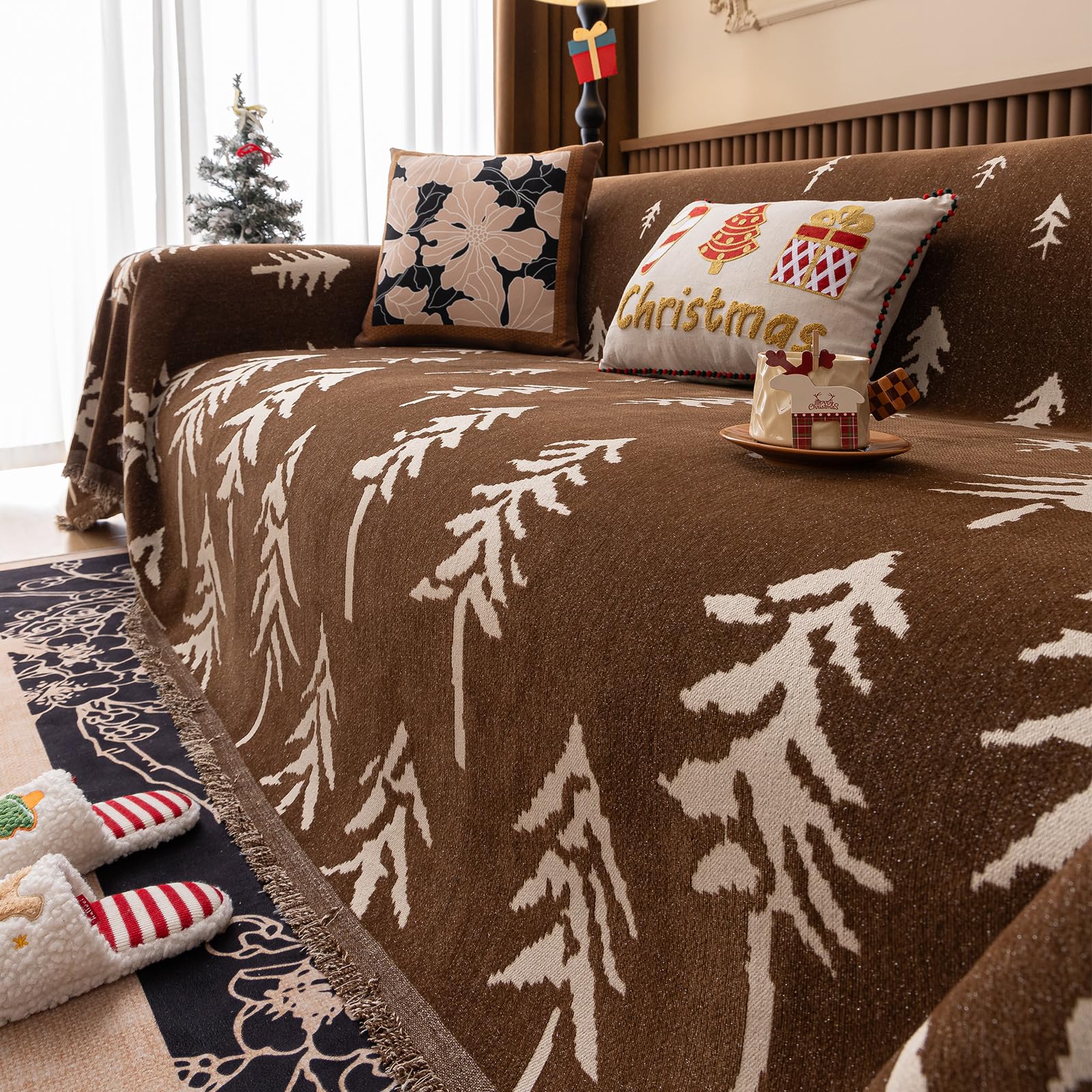 Sofa cover Noël pour salon chaleureux | Housse de canapé marron