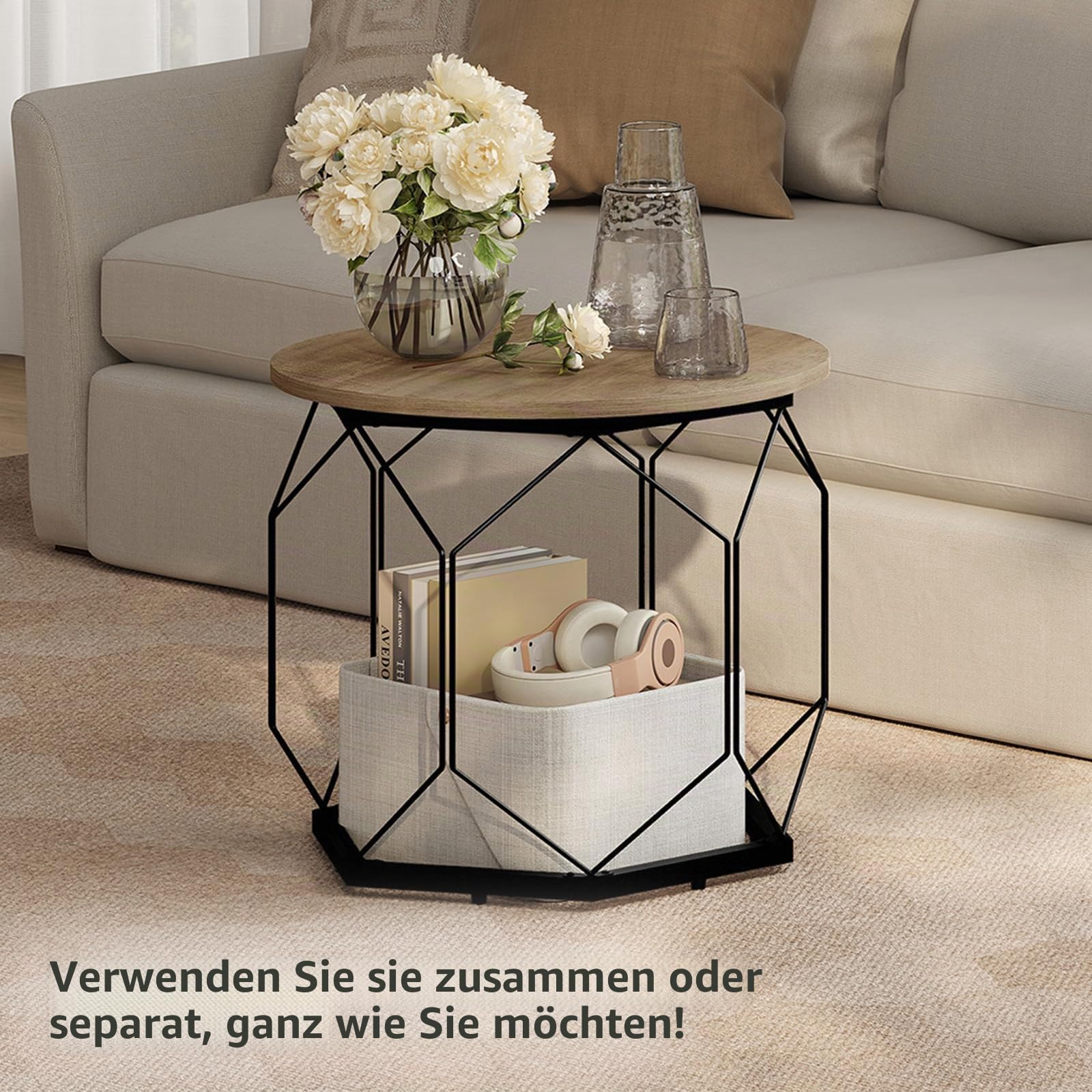 WOLTU Couchtisch 2er Set,Beistelltisch rund,hohlem Metallrahmen | Wohnzimmertisch mit Stauraum,Graue Holzoptik,einfache montage,bis 25 kg,für Wohnzimmer,Schlafzimmer ,Büro