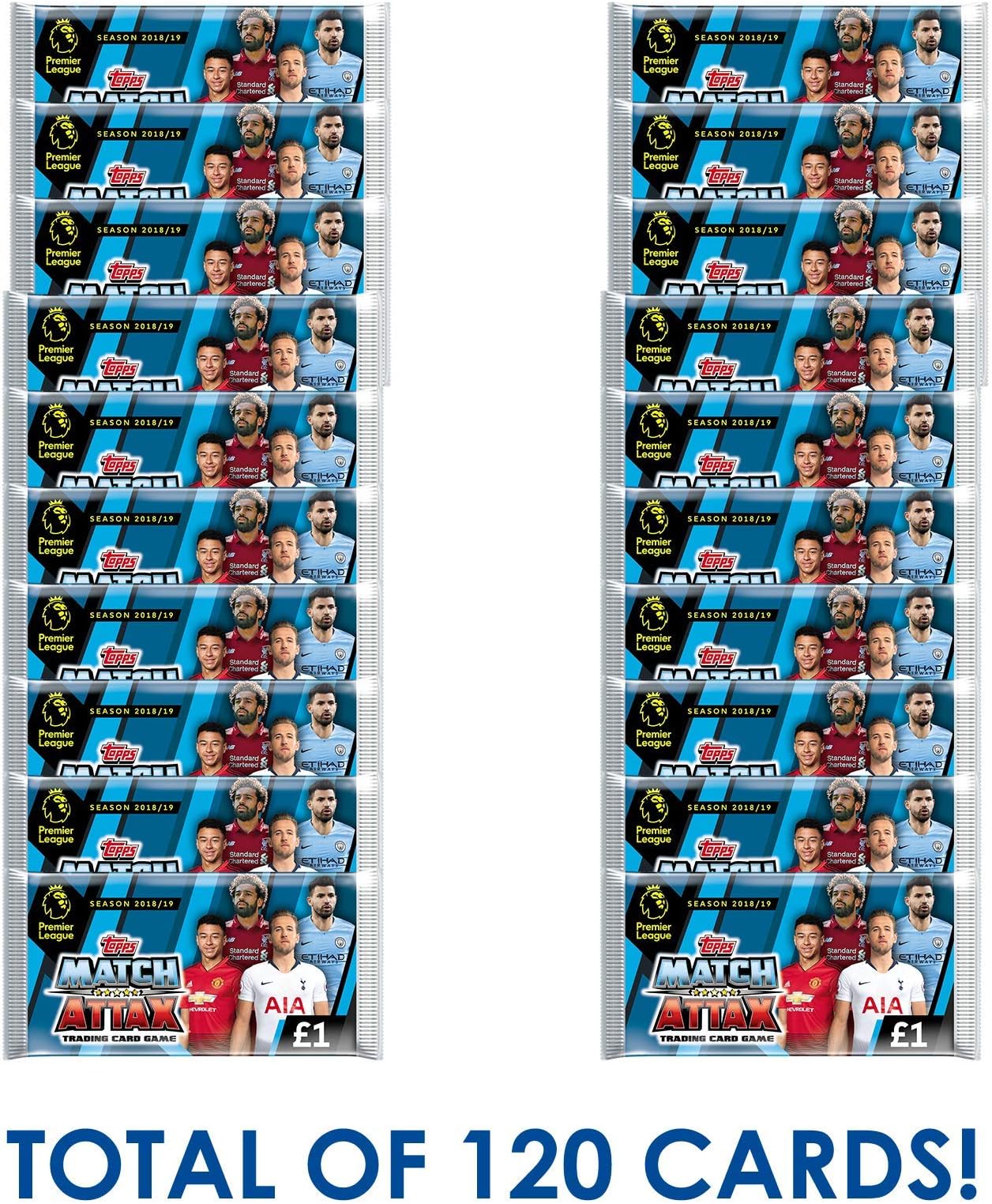 EPL 2018-19 Topps Match Attax Cards - 20-Pack Set (10 Packs + 10 Promo Packs) (Total of 120 Cards) Look for Superstars Pogba, Kane, Salah, Ozil, Aguero & More!