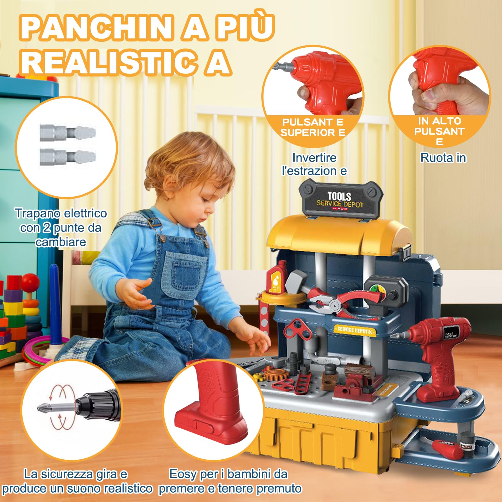 JONRRYIN Banco da Lavoro per Bambini, 46 Pezzi Cassetta Attrezzi Bambini, Attrezzi Costruzioni Giochi con Martello Cacciavite Trapano Elettrico, Giochi Imitazione Educativi, Idea Regalo