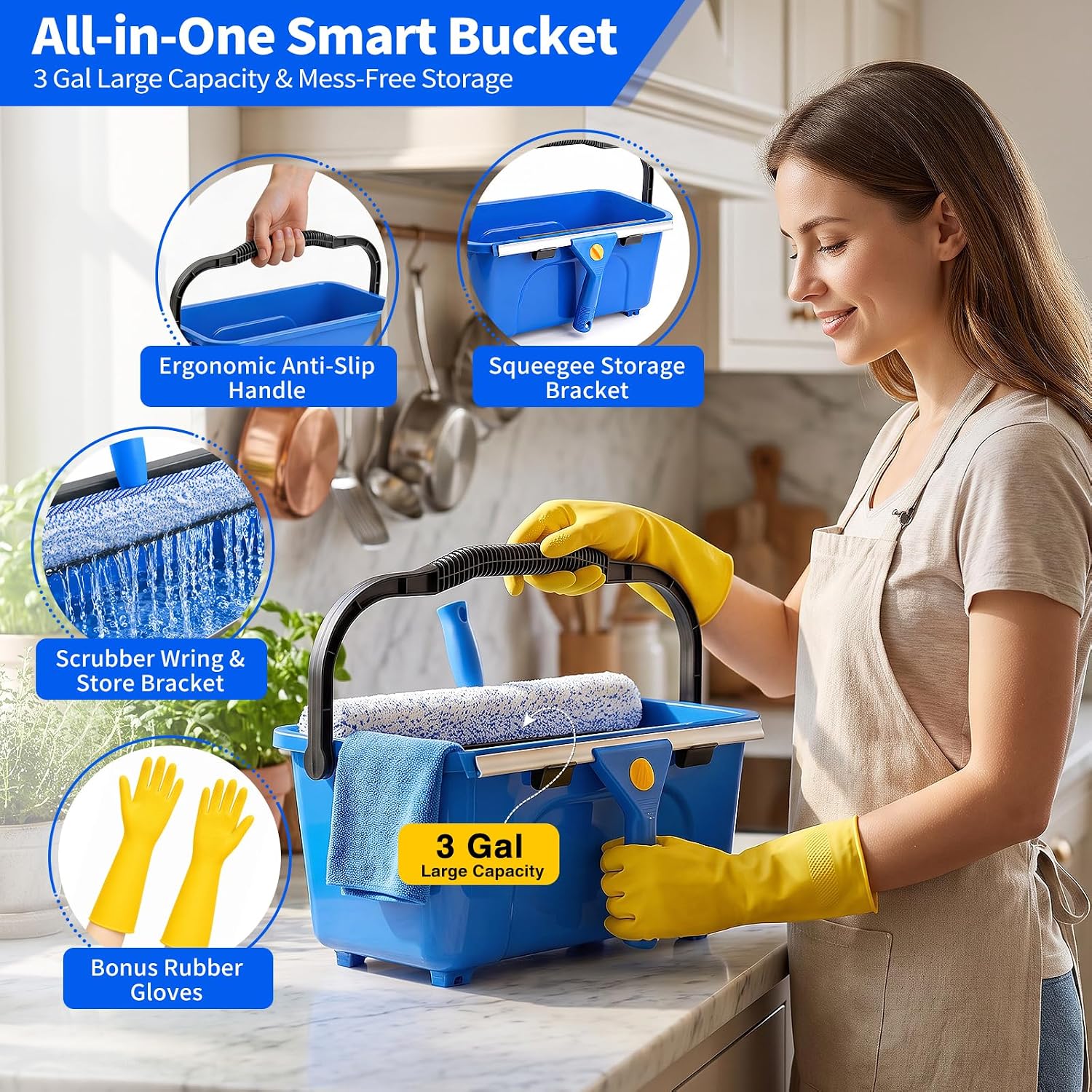 19-Piece Window Cleaning Kit with 3-Gallon Bucket, Professional Window Washing Kit with 78" Extension Pole, 14" Silicone Squeegee,15" Scrubber and Replacement Pads, for for Indoor and Outdoor Glass