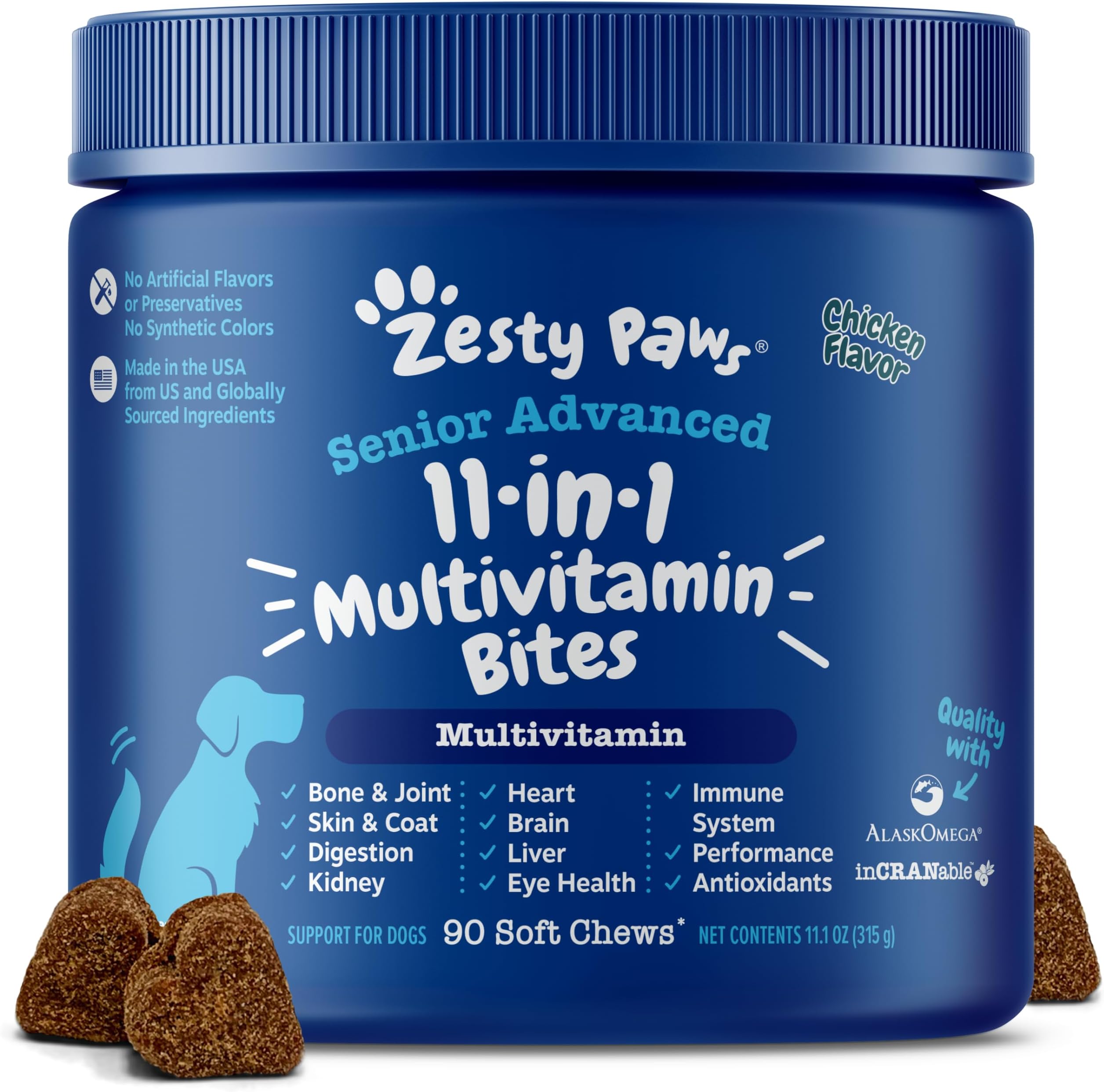 Senior Dog Multivitamin Treats - Glucosamine for Dogs + Digestive Enzymes & Probiotics - Grain Free Dog Vitamins and Supplements for Skin & Coat + Immune Health Chicken - Advanced - 90ct