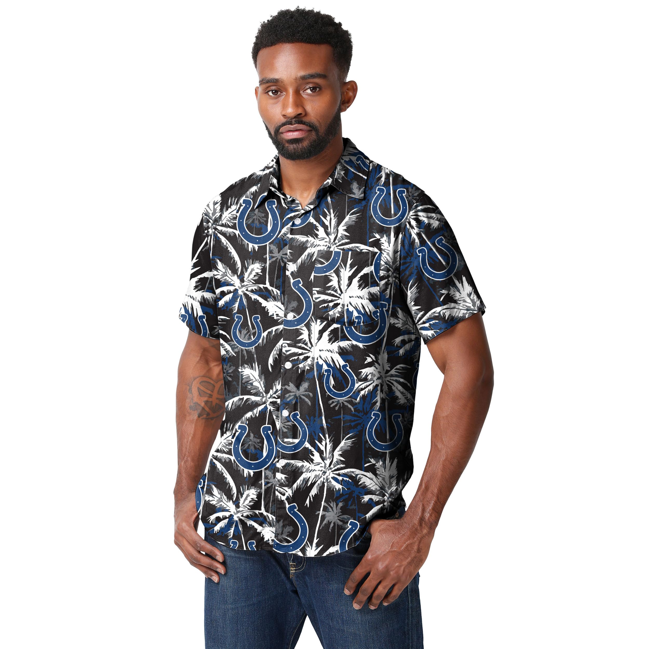 FOCO Men's Indianapolis Colts NFL Team Logo Aloha Tropical Button Up Shirt, Black Floral