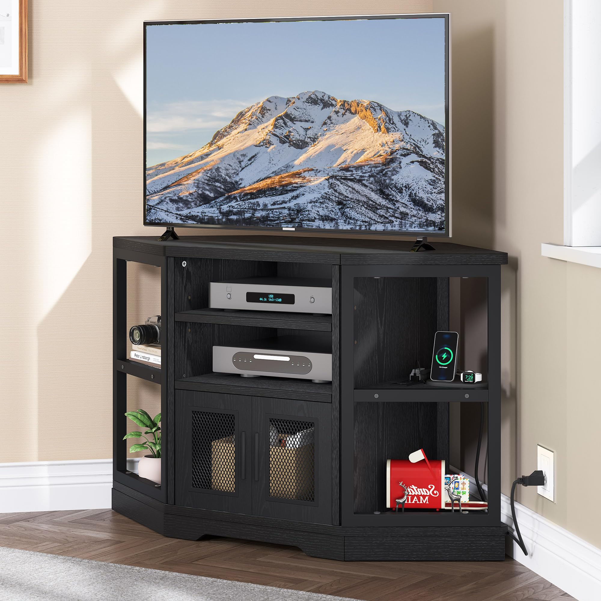 Tv Stand, Corner Tvs Up to 55 Inch, with Power Outlet, Farmhouse Entertainment Center, Wood Tv Media Console, with Storage Cabinets Shelves, for Living Room, Bedroom, White