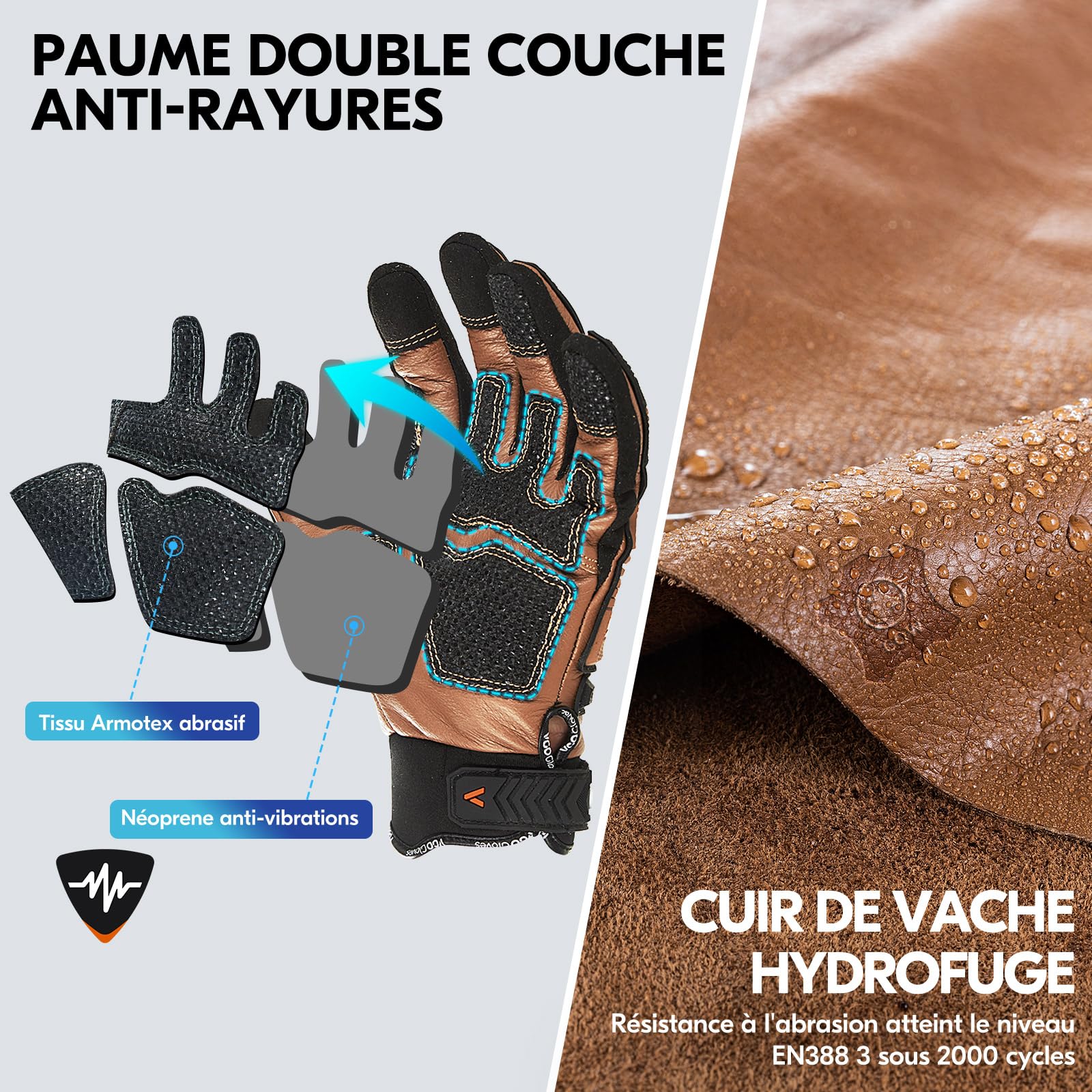 Vgo... Gants travail en cuir sécurité, mécanicien, doublure anti-coupure HPPE, protection des mains, EN388 niveau 5, ANSI A3 (CA7722CT,Marron,XL,1Paire)