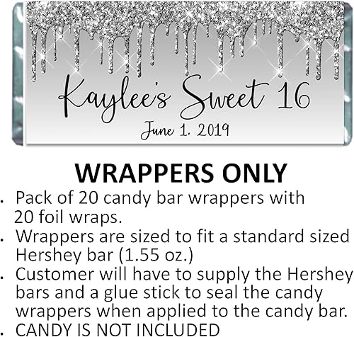 Miniatura 2 de Glitter Drip Personalized Candy Bar Wrappers, Birthday Party Favors, Chocolate Bar Labels for Baby Shower, Bridal Shower, Pack of 20 (Silver)