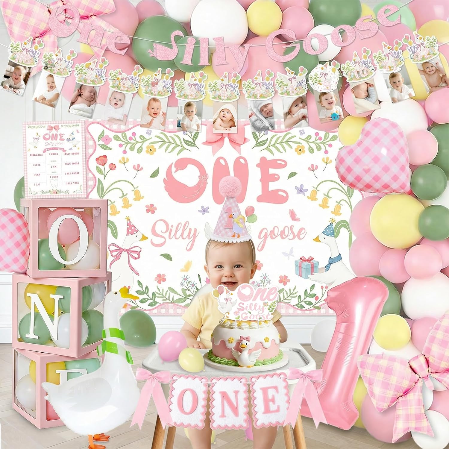 128 pcs One Silly Goose Birthday Decor Girl, Pink 1st Birthday Decorations Girl, Photo Banner Balloons Poster Hat High Chair Banner Cake Topper Boxes Goose Backdrop for Kids Birthday Party Supplies