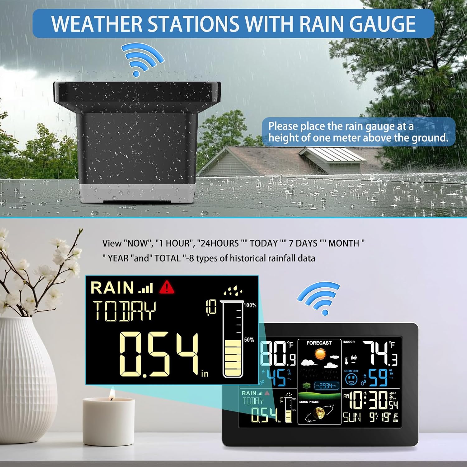 Weather Station with Rain Gauge Outdoor, Home Weather Stations Wireless Indoor Outdoor with Digital Rain Gauges, Thermometer, Barometer, Hygrometer, Atomic Clock, Weather Forecast, with 3 Sensor