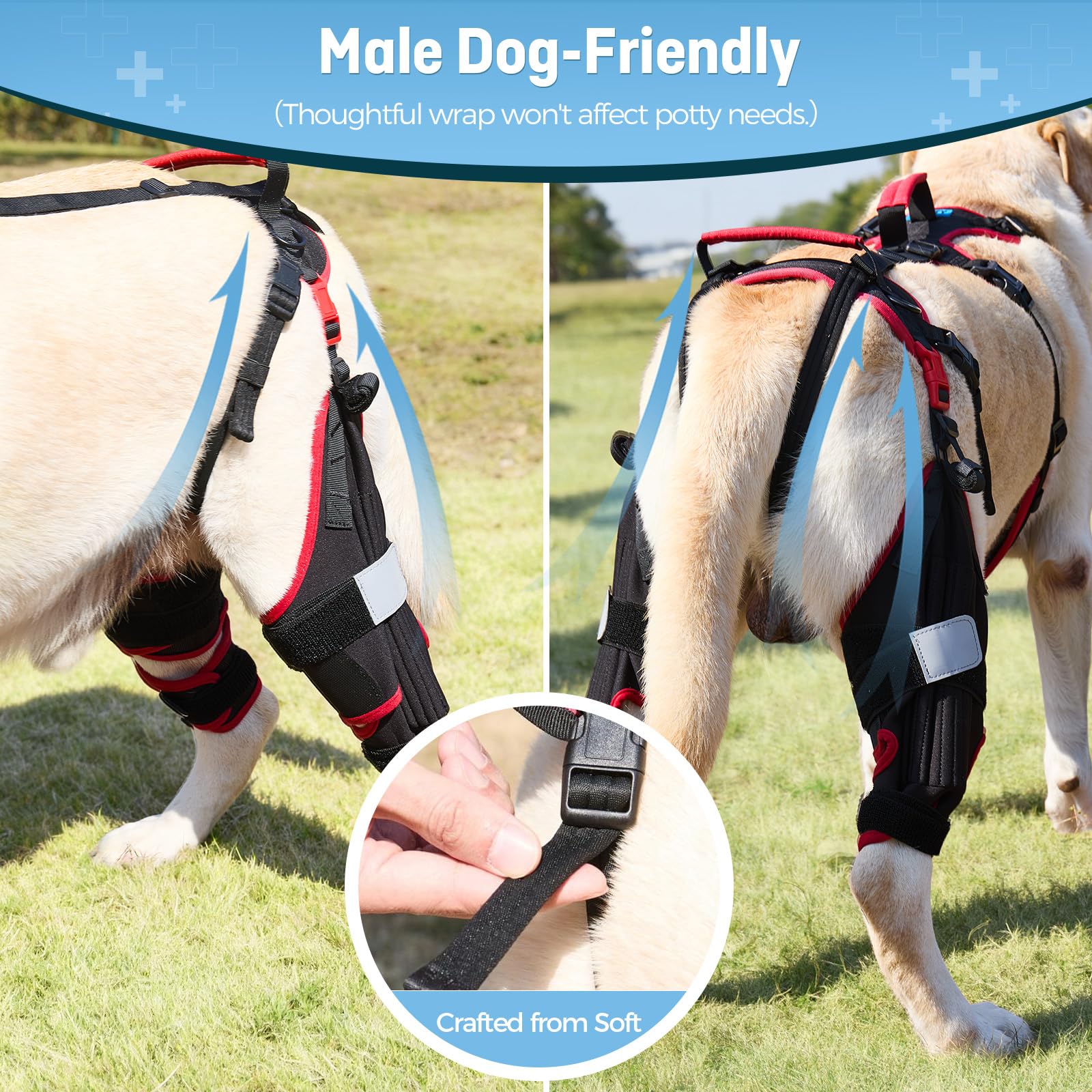 Hundekniebandage ACL/CCL für große Hunde, 2er-Set Hinterbeinbandagen mit Griffen & Schultergurt – rutschfeste Unterstützung bei Verletzungen, Arthrose & nach Operationen, Schwarz, L