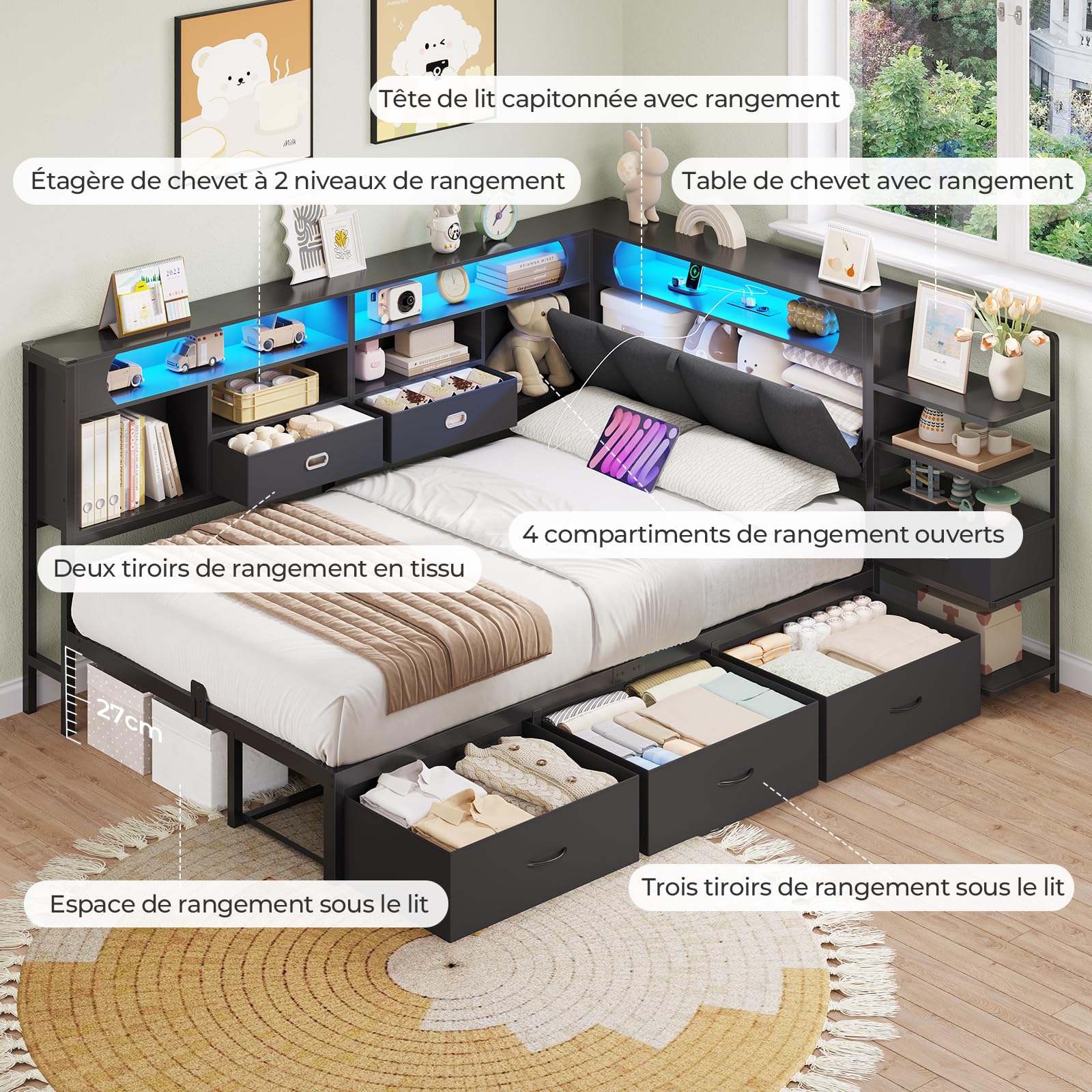 DICTAC Lit 90x190 en L – Banquette-Lit 1 Place avec Tête de Lit Capitonnée (Rangement Secret + Table de Nuit Intégrée), LED RGB & Recharge | Idéal pour Studio & Chambre (Noir)
