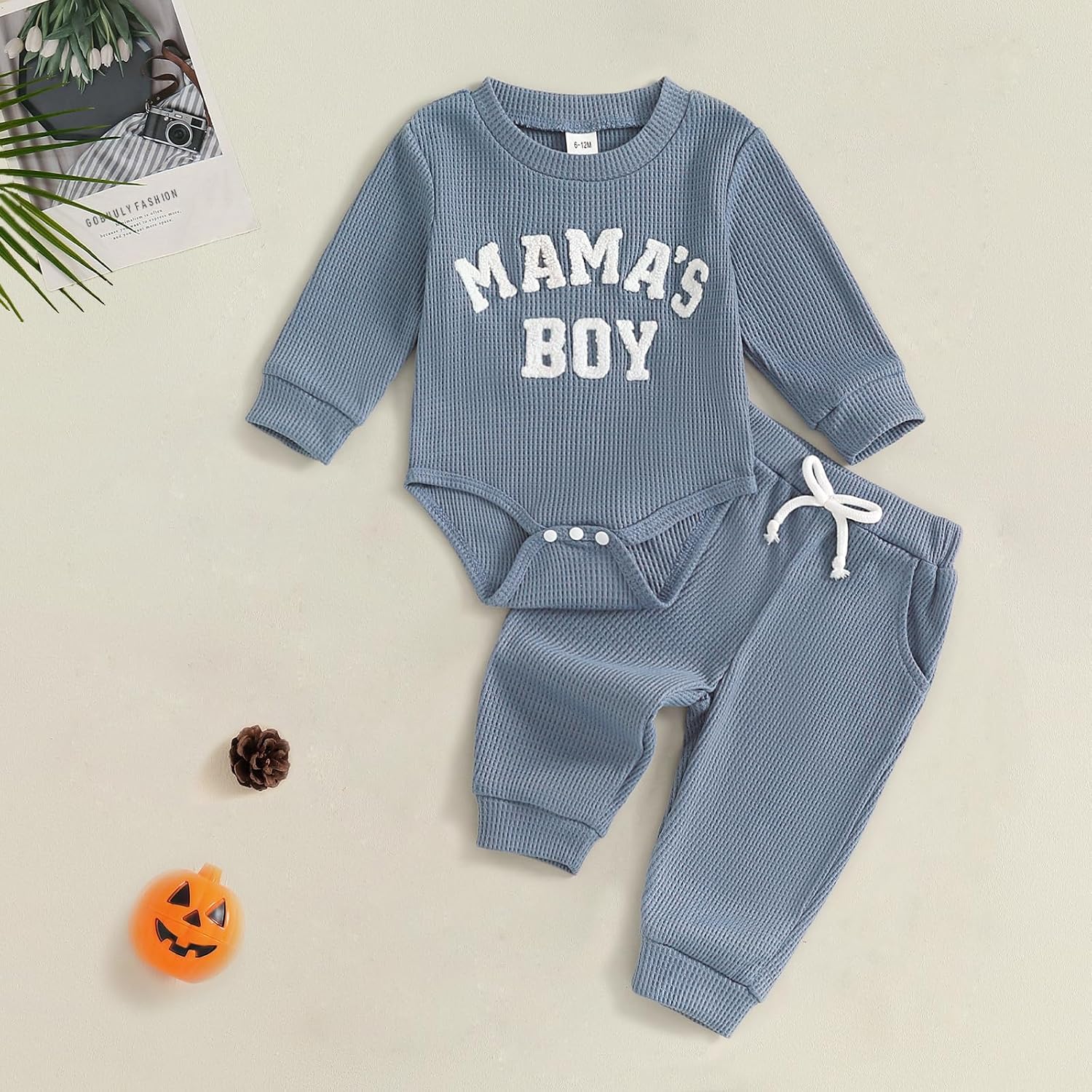 Newborn Baby Boy Clothes Mamas Boy Letters Embroidered Waffle Baby Sweatshirt Romper + Pants Sets Fall Winter Outfits