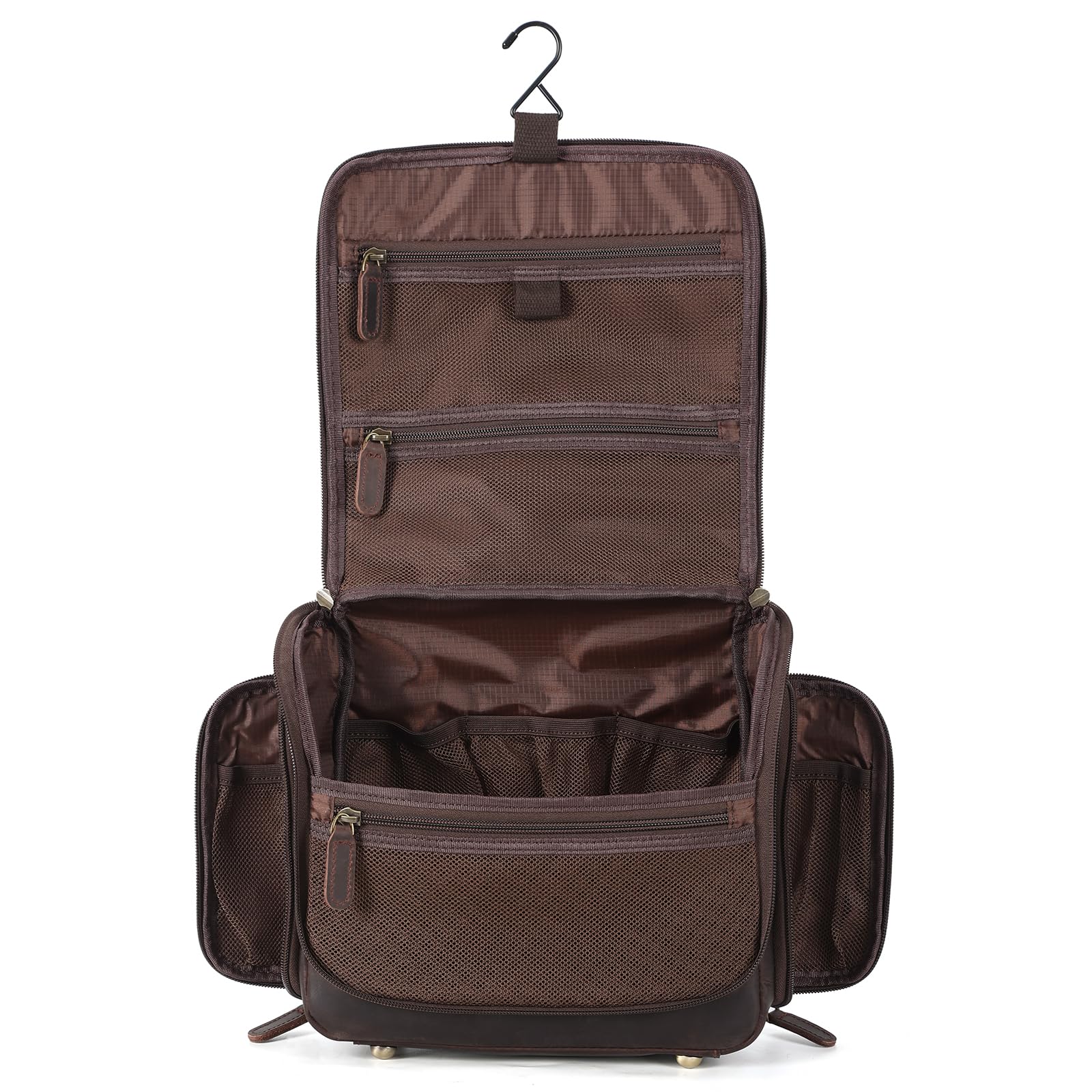 Polare - Neceser de Piel de Grano Completo, Organizador de Viaje para Colgar, Kit de Afeitado, Bolsa de Lavado, Kit de Maquillaje y cosméticos con Cremalleras YKK, Marrón Oscuro, Polare - Neceser de