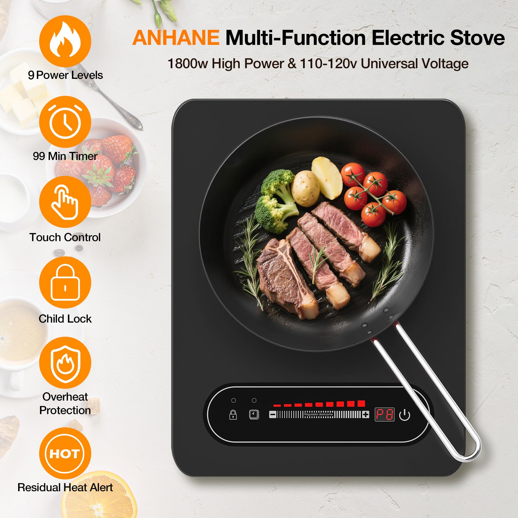 ANHANE 1800W Electric Cooktop, 11 Inch Portable Single Burner with Timer & Child Lock - 110-120V Compact Countertop Stove for Everyday Cooking in Kitchen, Dorm, RV or Office view 2