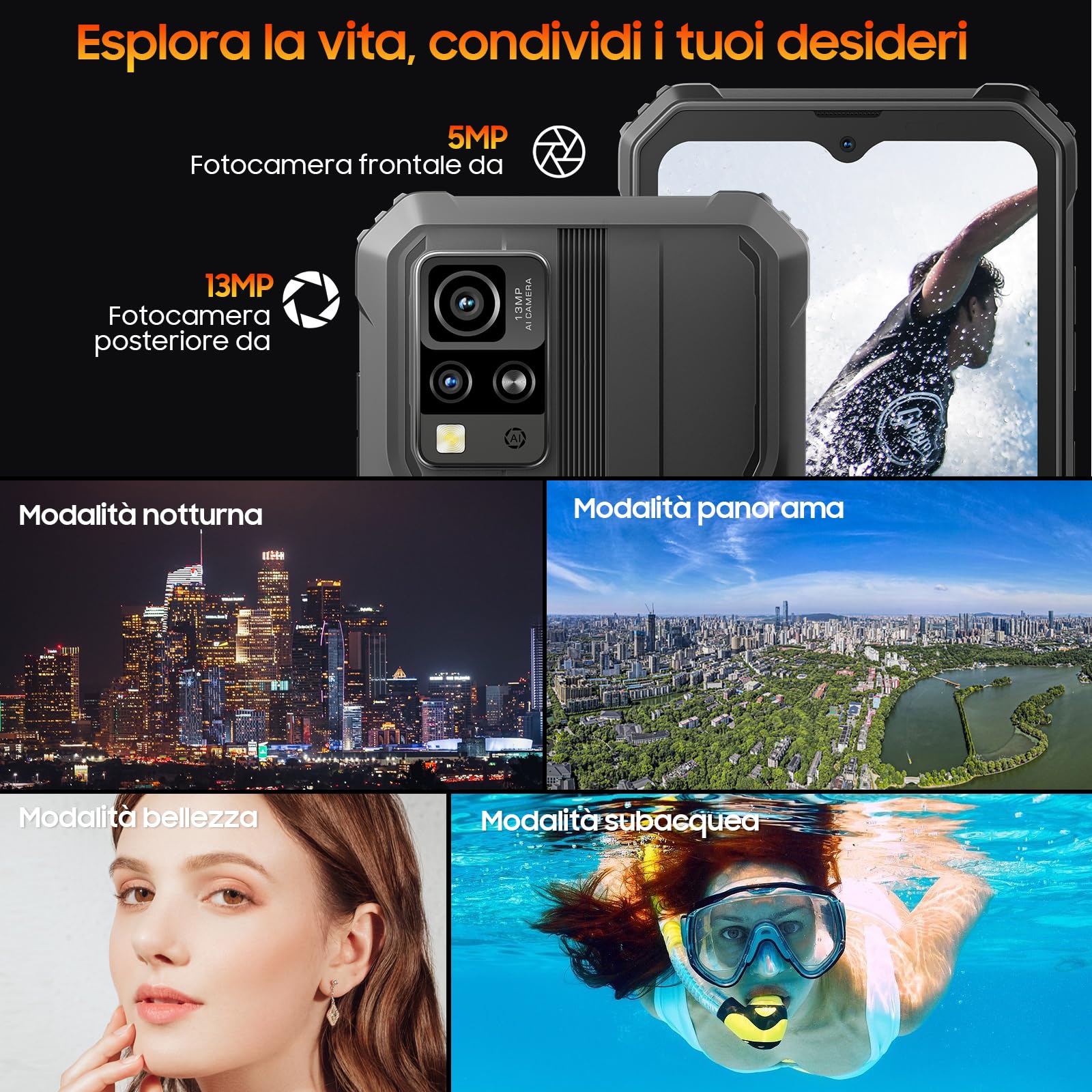 Blackview Rugged Smartphone, 6.56''HD+/ Corning Gorilla Glass 3, 5180mAh, 4GB+32GB(2TB TF), 13MP+5MP, Face ID/Modalità Guanto/GPS/3 Slot/4G Dual SIM Telefono Indistruttibile