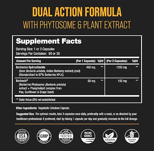 Miniatura 5 de NutraChamps Suplemento de berberina | Ultra alta resistencia 97% pureza | Berberina HCL 1500 mg + extracto de fitosoma de Berbevis para una mayor