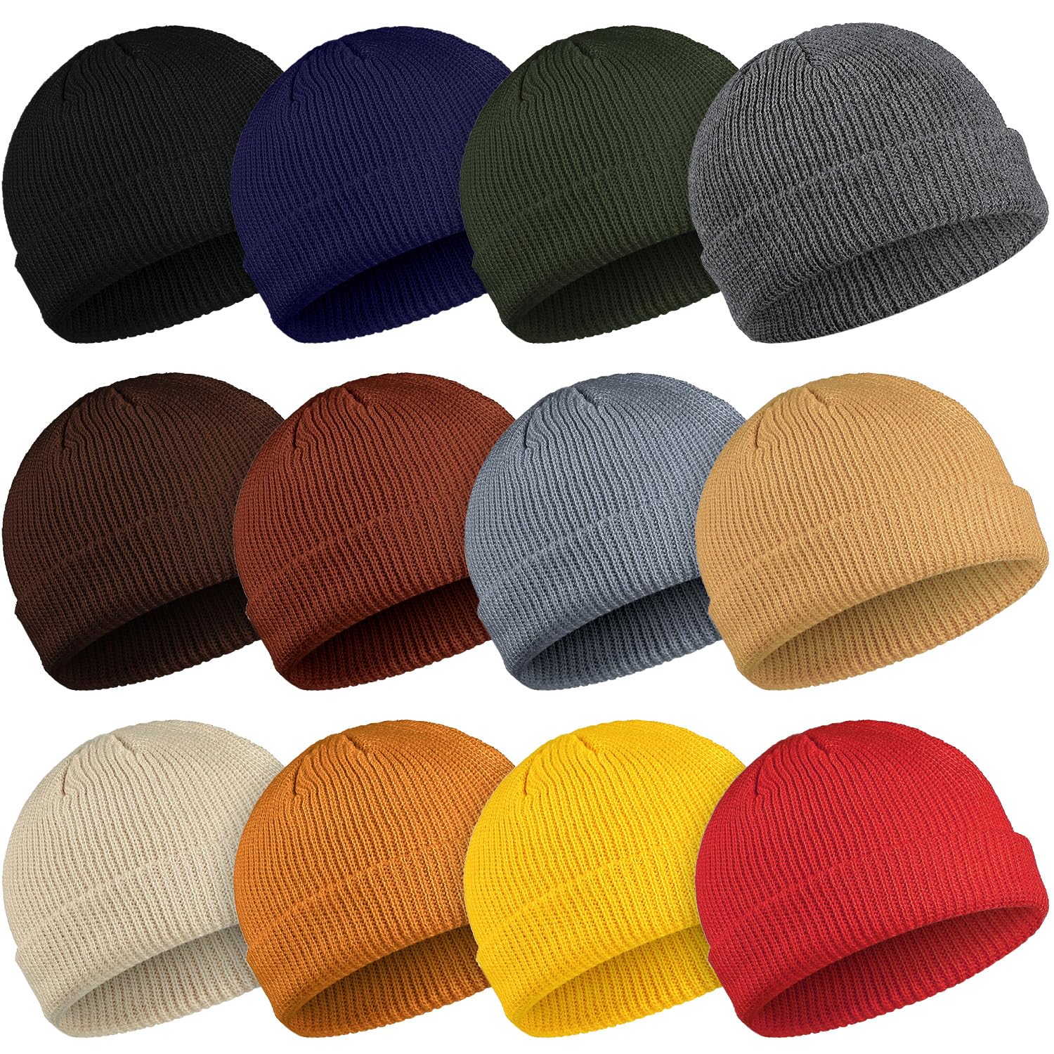 Geyoga 12 Pcs Trawler Beanie Hats for Men Fisherman Roll up Short Cuff Knit Beanie Bulk Winter Watch Cap for Men Women
