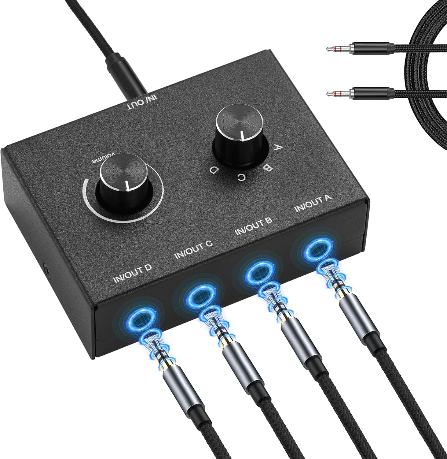4 Way 3.5mm Stereo Audio Switch, AUX 3.5mm Audio Switch Audio Switcher Passive Speaker Headphone Manual Selector Splitter Box Audio Sharing (4/1 in -1/4 Out)
