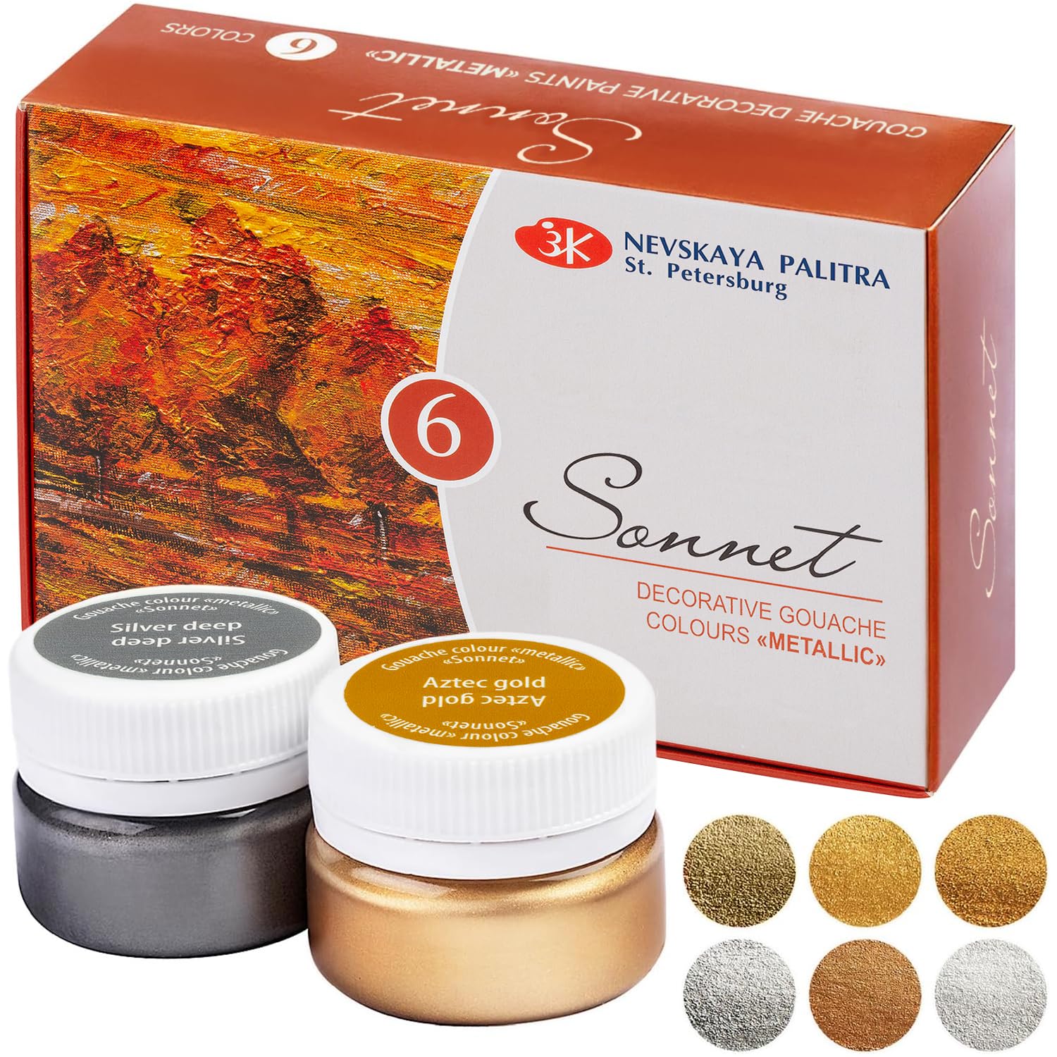 Sonnet nevskaya palitra Gouache Metallic color Set | 6 x 20 ml näpfchen | Inka Oro, Aztec Oro, bronce, Oro antiguo, plata luz, plata de profundidad, calidad