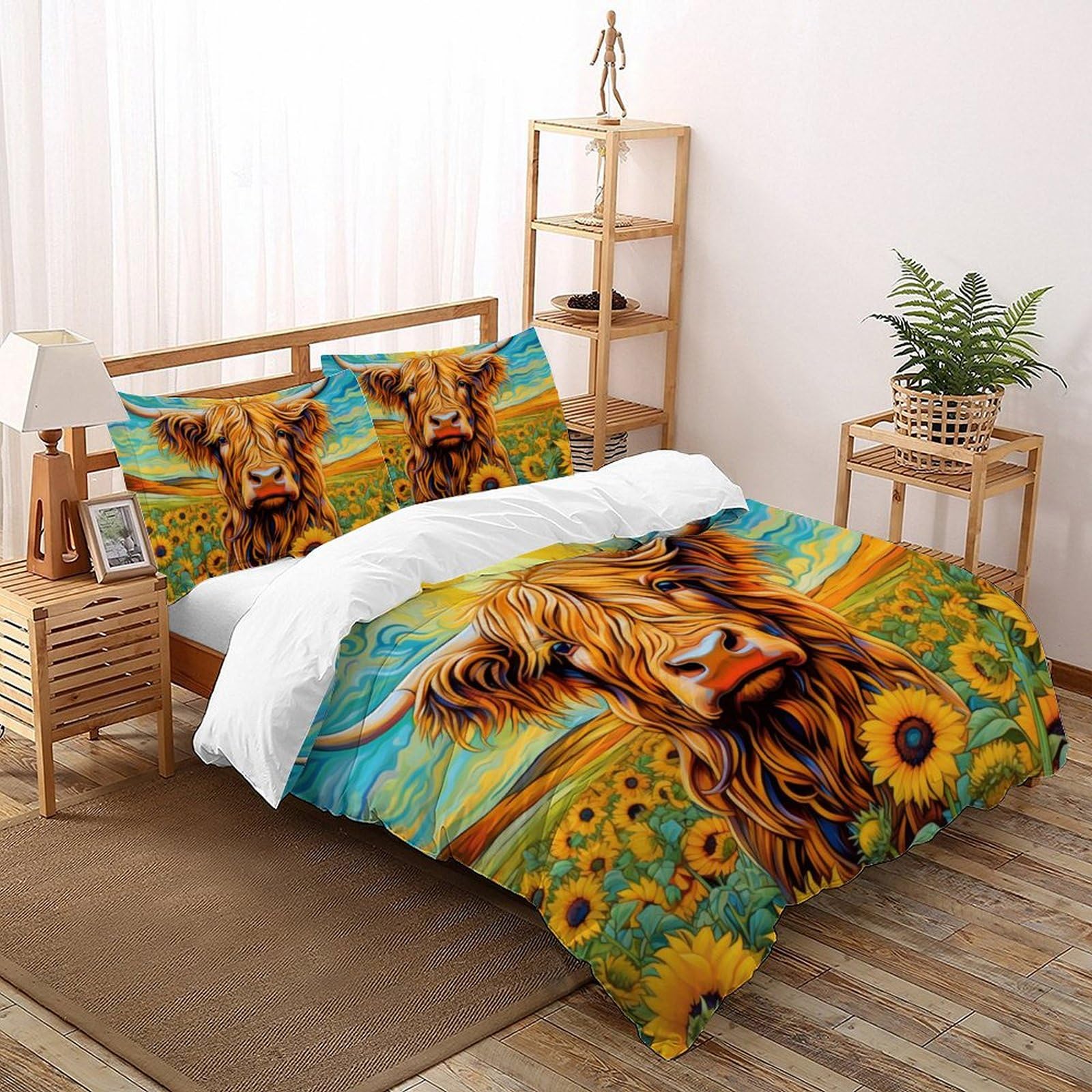 Parure de couette vache des Highlands anti-plis, housse de lit 3 pièces pour grand lit 260x220cm