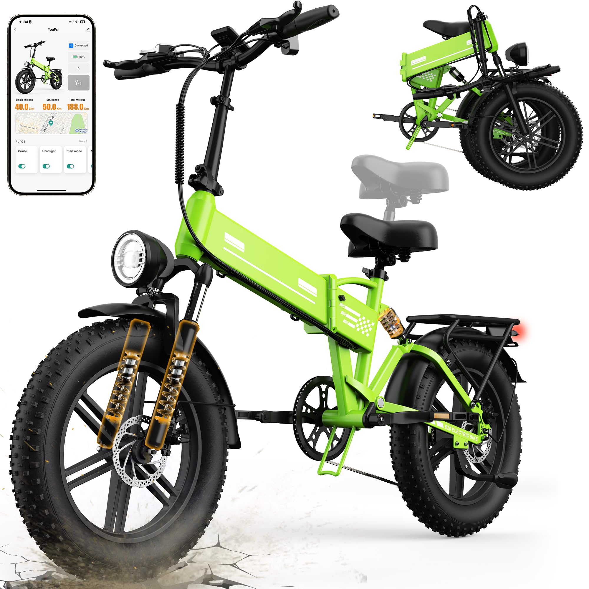 EGGKING Bicicletta Elettrica a Pedalata Assistita 20" x 4.0 Fat Tire, Doppia Sospensione, 7 Velocità, Batteria Rimovibile 48V, Display LCD