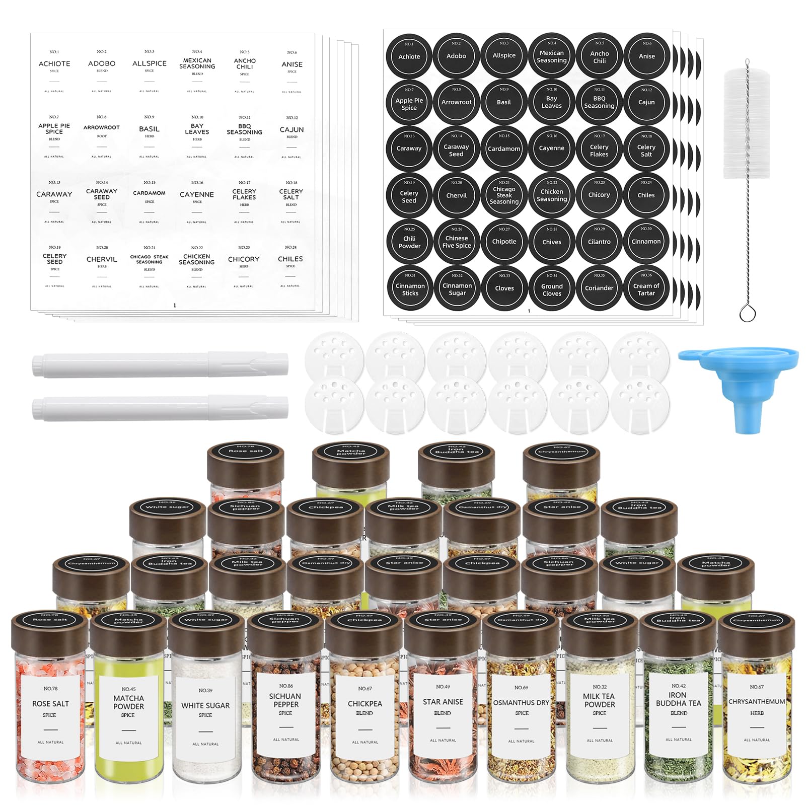 VIBRATITE Gewürzgläser mit Akaziendeckel, runde Glasdosen, Gewürzbehälter-Set mit Etiketten, Stift, Trichter, Gewürz-Aufbewahrungsflaschen mit Shaker-Deckel für Regal, Schrank, Schublade, 30 Stück