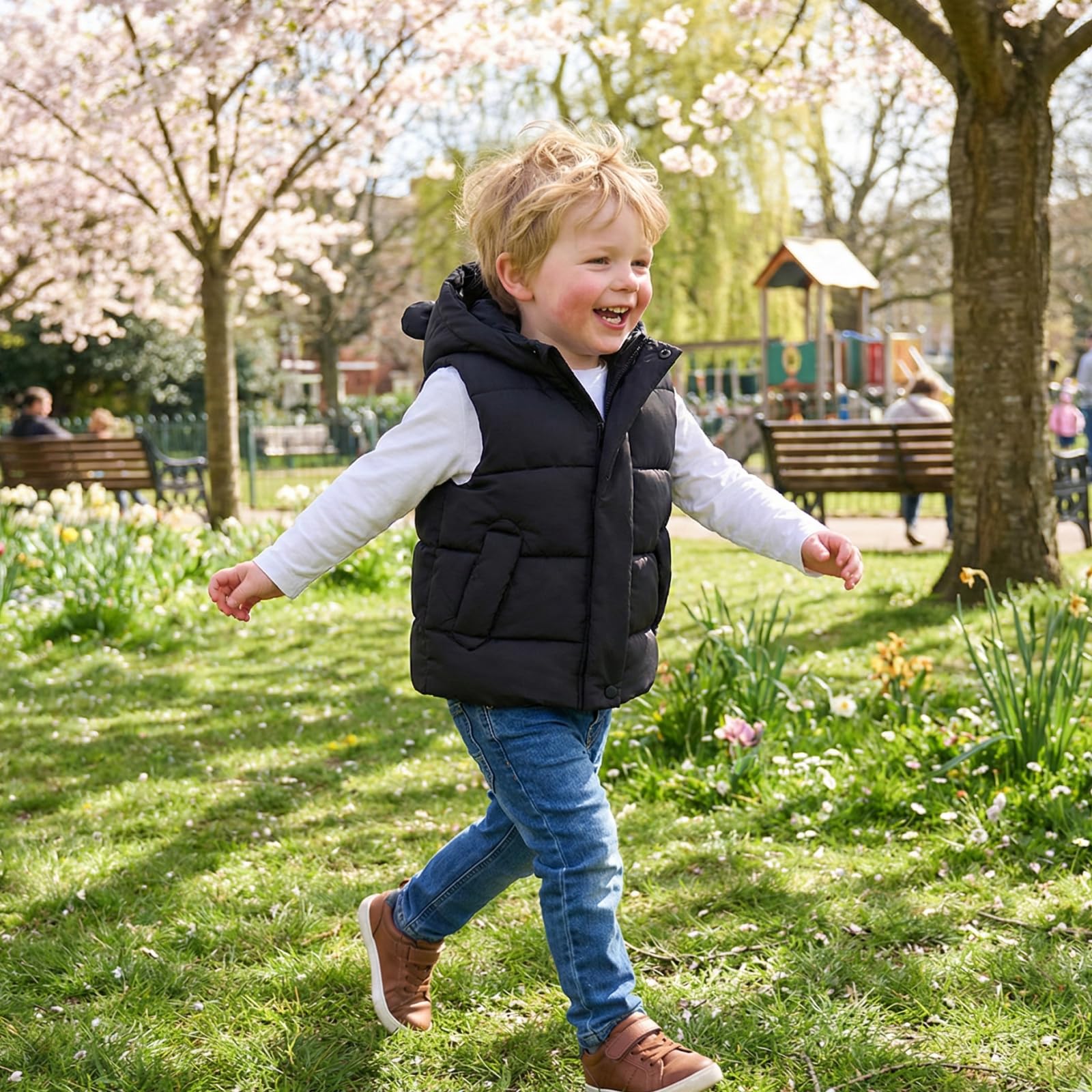 JiAmy Gilet Imbottito per Bambini, Cappotto Senza Manica con 2 Tasche e Cappuccio Abbigliamento Leggero Minimalista per 1-5 Anni