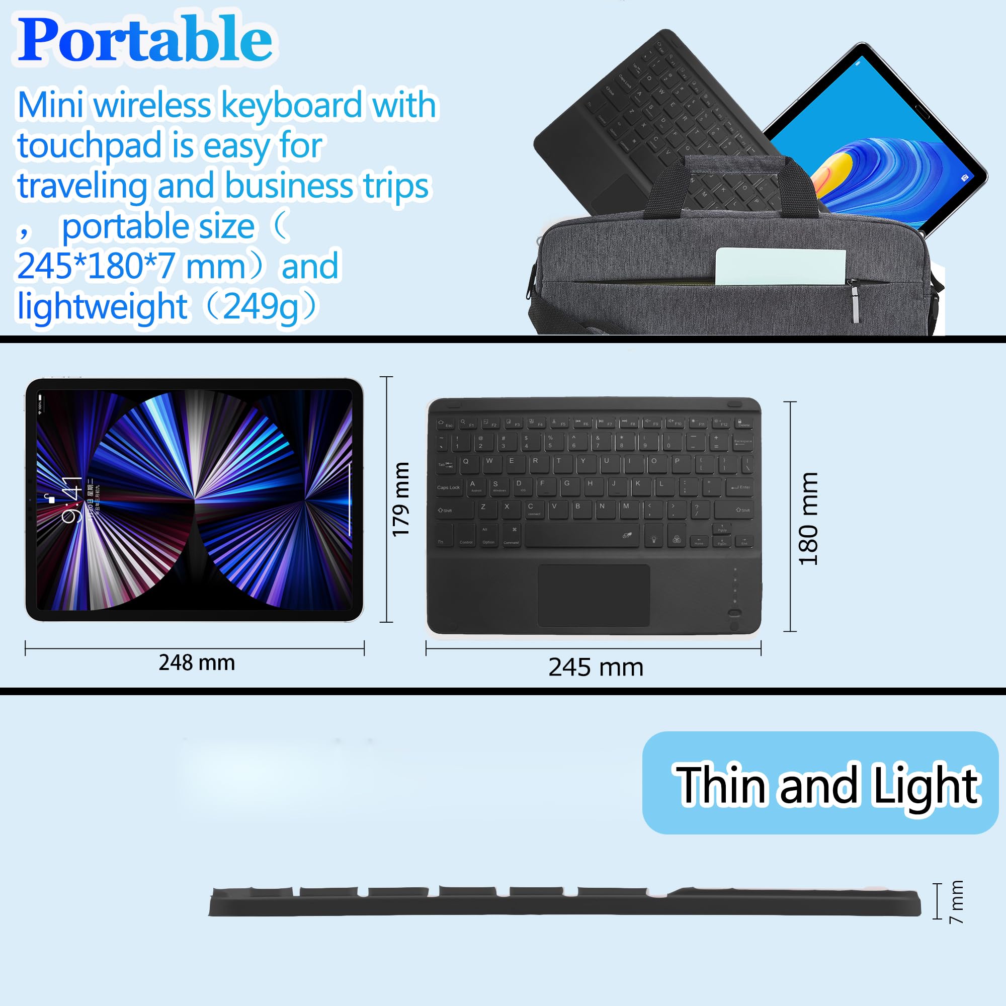 Teclado Bluetooth inalámbrico, teclado ultradelgado de 10 pulgadas con retroiluminación de 7 colores con panel táctil, teclado portátil inalámbrico inalámbrico inalámbrico Bluetooth portátil para 6