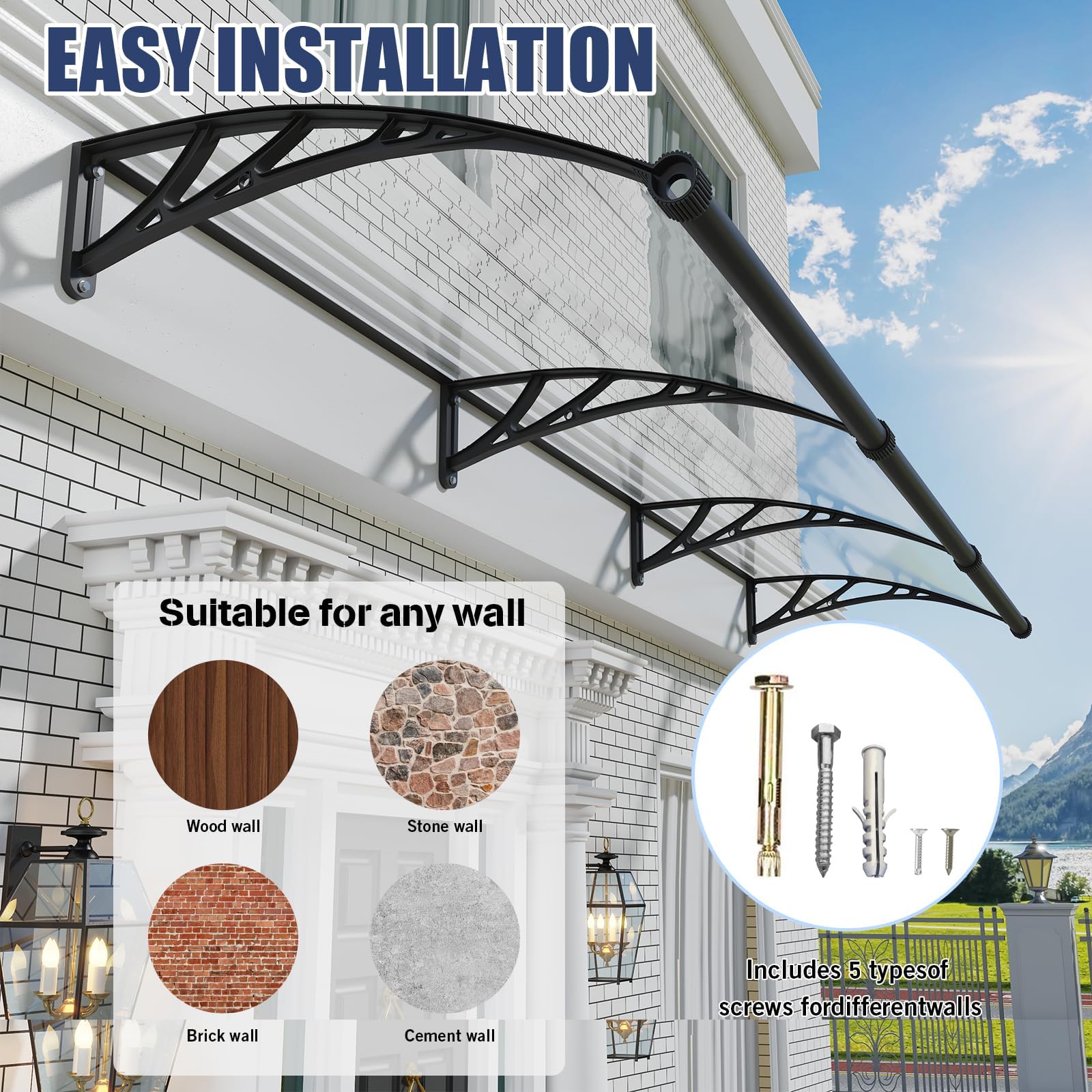 Vordach für Haustür mit separater Entwässerung, 200x80cm-Fenstervordach, Robuste Polycarbonat Pultvordach Überdachung für UV-, Regen- und Schneeschutz, ideal für Veranda