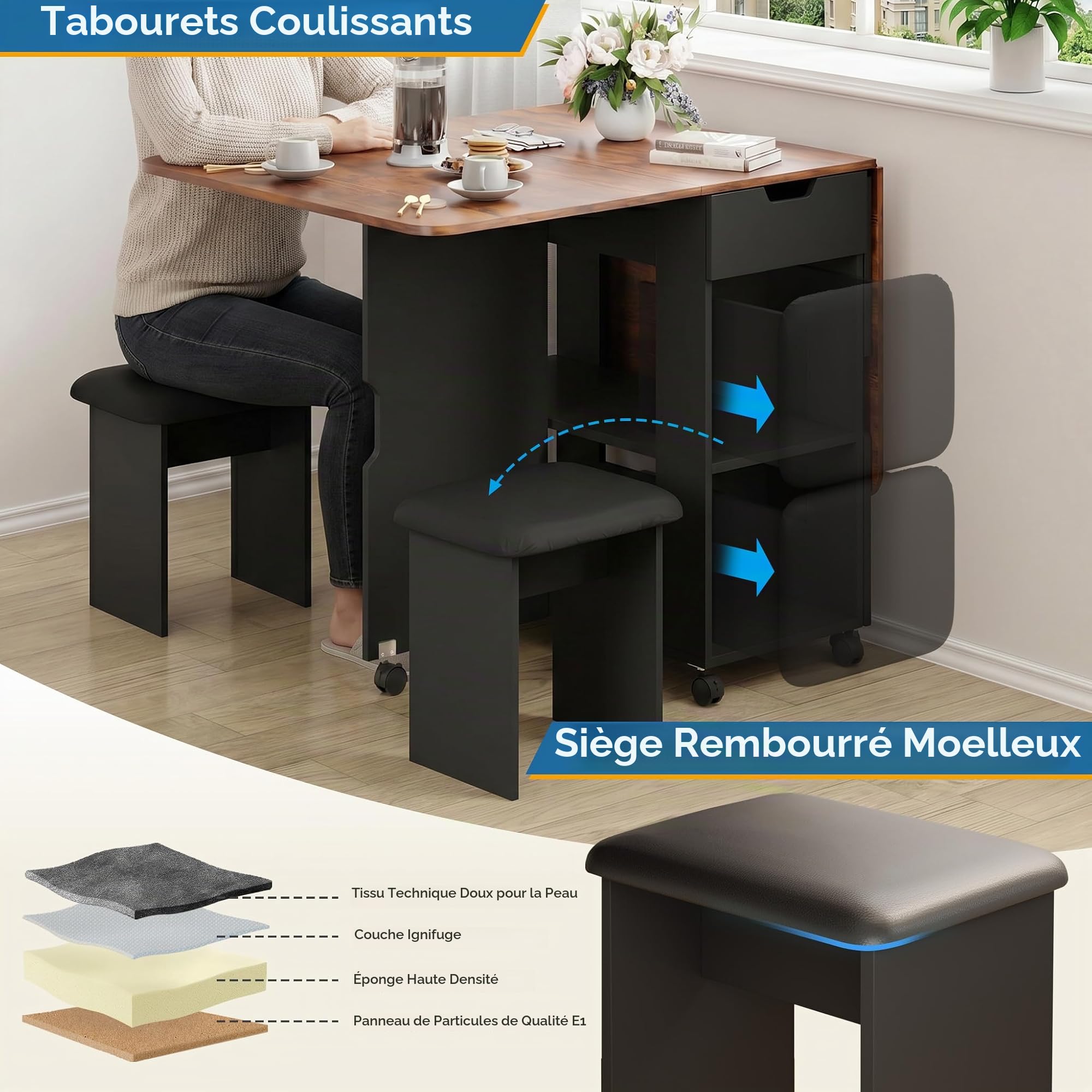 Mondeer Ensemble Table à Manger Pliable 140 cm avec 4 Chaises Rembourrés, Ensemble Table avec 2 Tiroirs et 2 Etagères de Rangement, pour Petits Espaces Cuisine Salle à Manger (Marron et Noir)