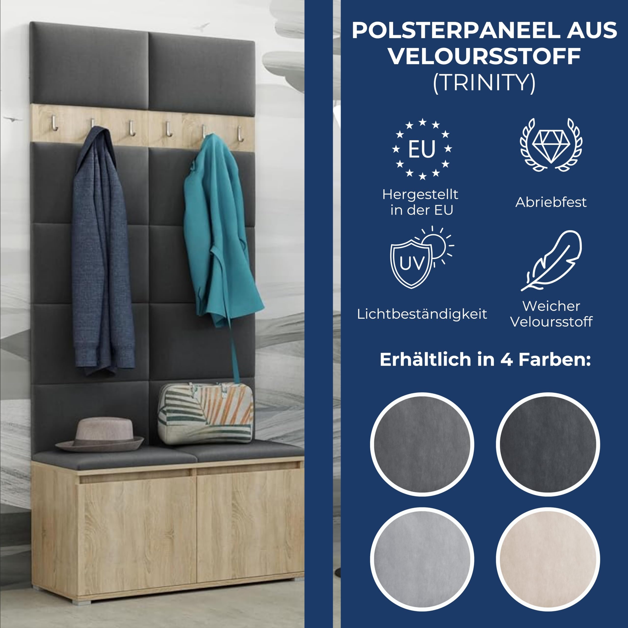 Brent - Garderobenschrank Flur Grau mit sitzbank 100 cm Breit Luton 1 - Multifunktionale Flurgarderobe Set mit Stauraum und Wandpaneel, Garderobe mit Sitzfläche und Kleiderhaken