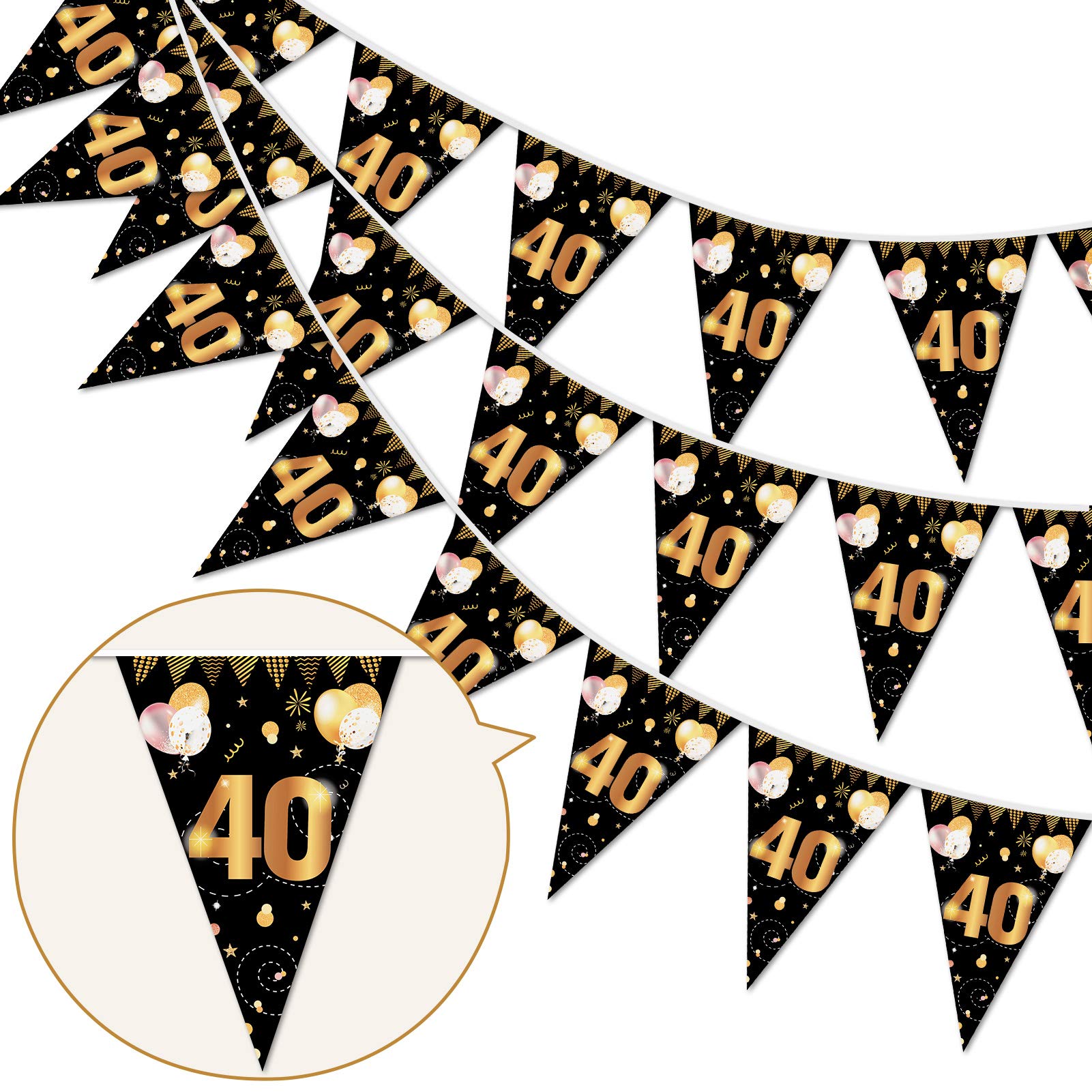 HOWAF 40 Cumpleaños Pancarta Triángulo Oro Negro,40 Cumpleaños Banderines Decoracion,40 Guirnalda Feliz cumpleaños de cumpleaños de 40 años de Aniversario para Hombres y Mujeres, 7.4 x 10.8 Pulgadas