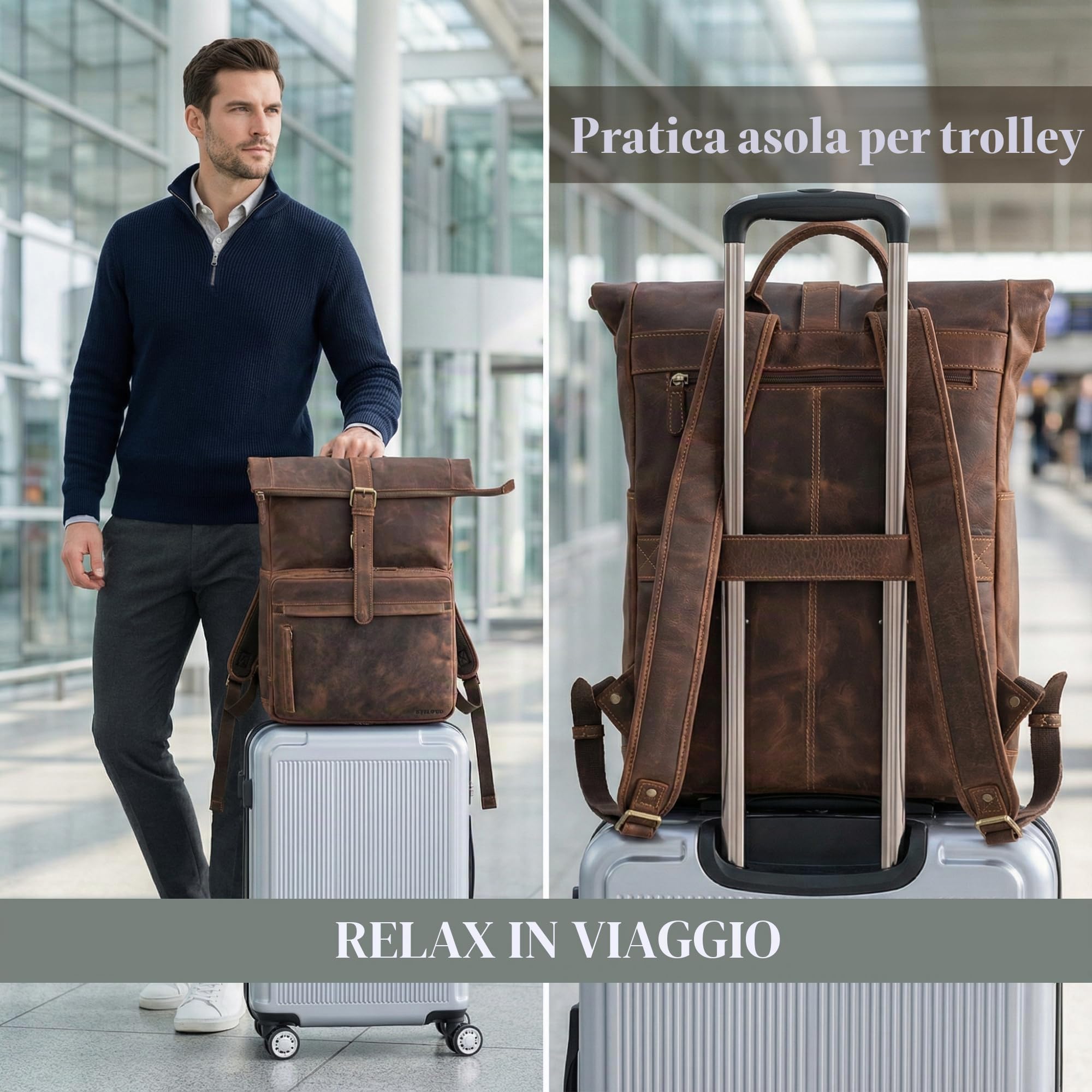 STILORD Melvin Zaino Rolltop in Pelle con Scomparto Laptop 16-17 Pollici - Porta PC da Bici - Bagaglio a Mano per Uomo e Donna