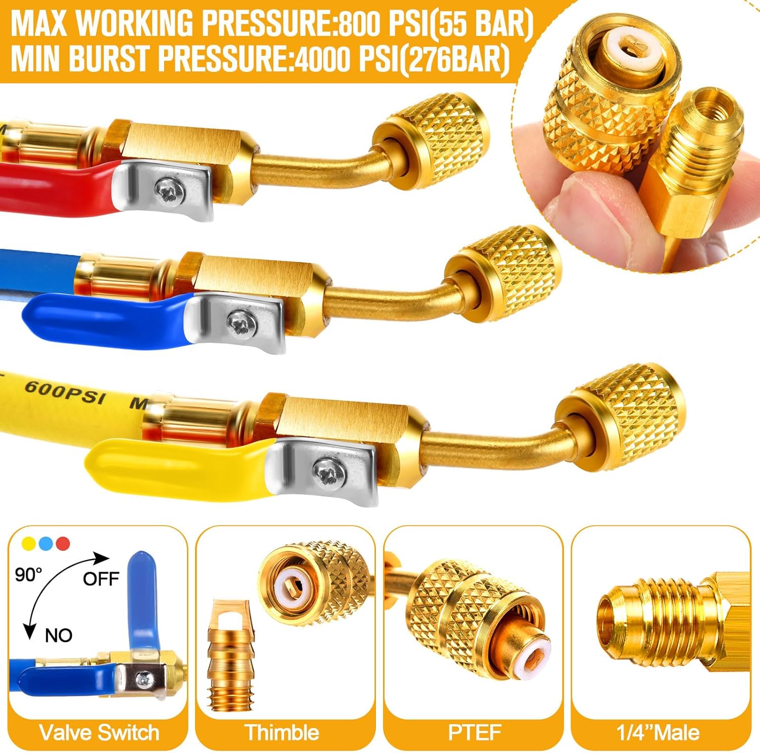 10 Pcs AC Manifold Gauge Hose with R410a Mini Split Adapter Tank Adapter Refrigerant Charging Hose for R134a R410a R404a R12 R22 Refrigerants(Bright,60 Inch)