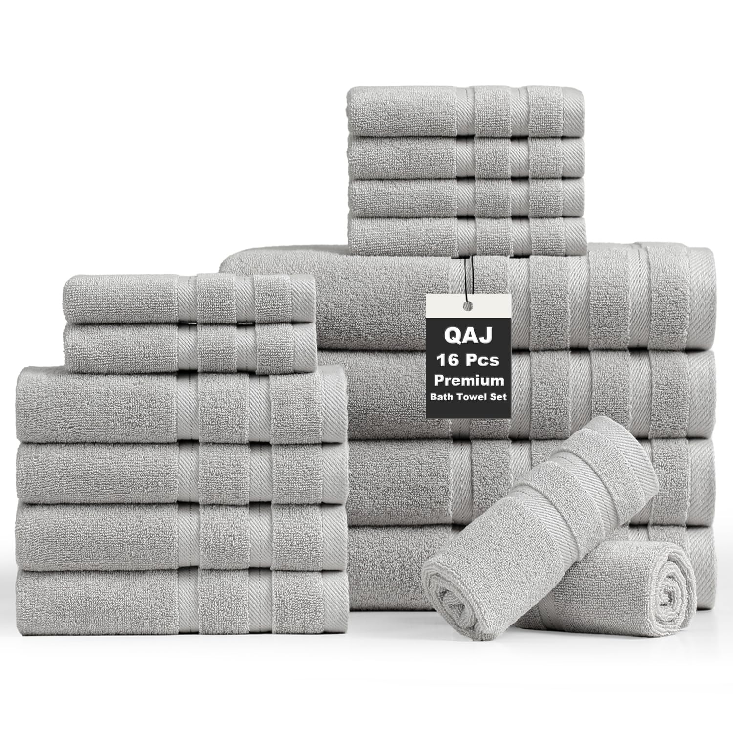 16-Piece Bath Towels Set, 100% Cotton Thick Soft Highly Absorbent Durable, Quick Dry, Bathroom Towels Set (4 Bath Towels, 4 Hand Towels, 8 Washcloths)